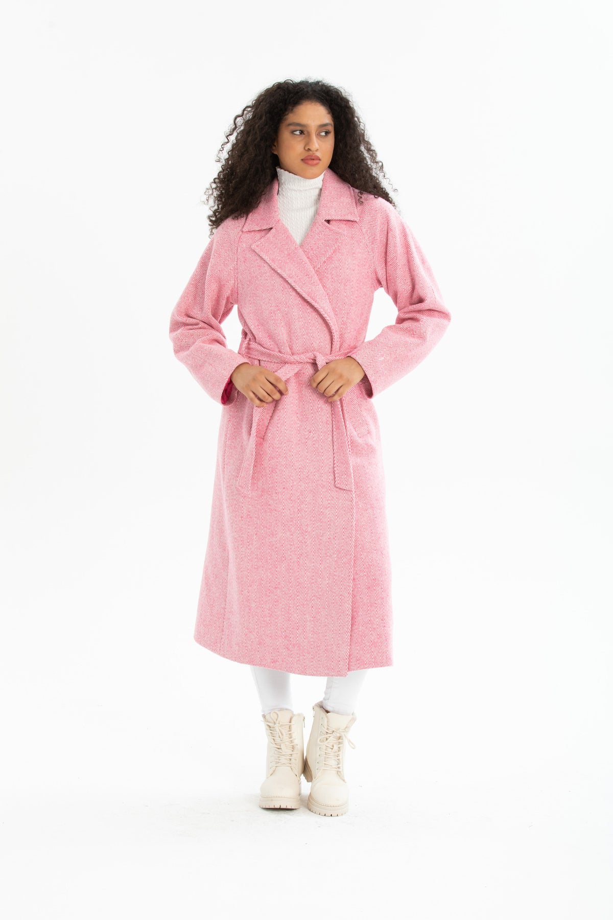 Beatrix Women's Herringbone Belted Coat - Pink Herringbone - product image 5