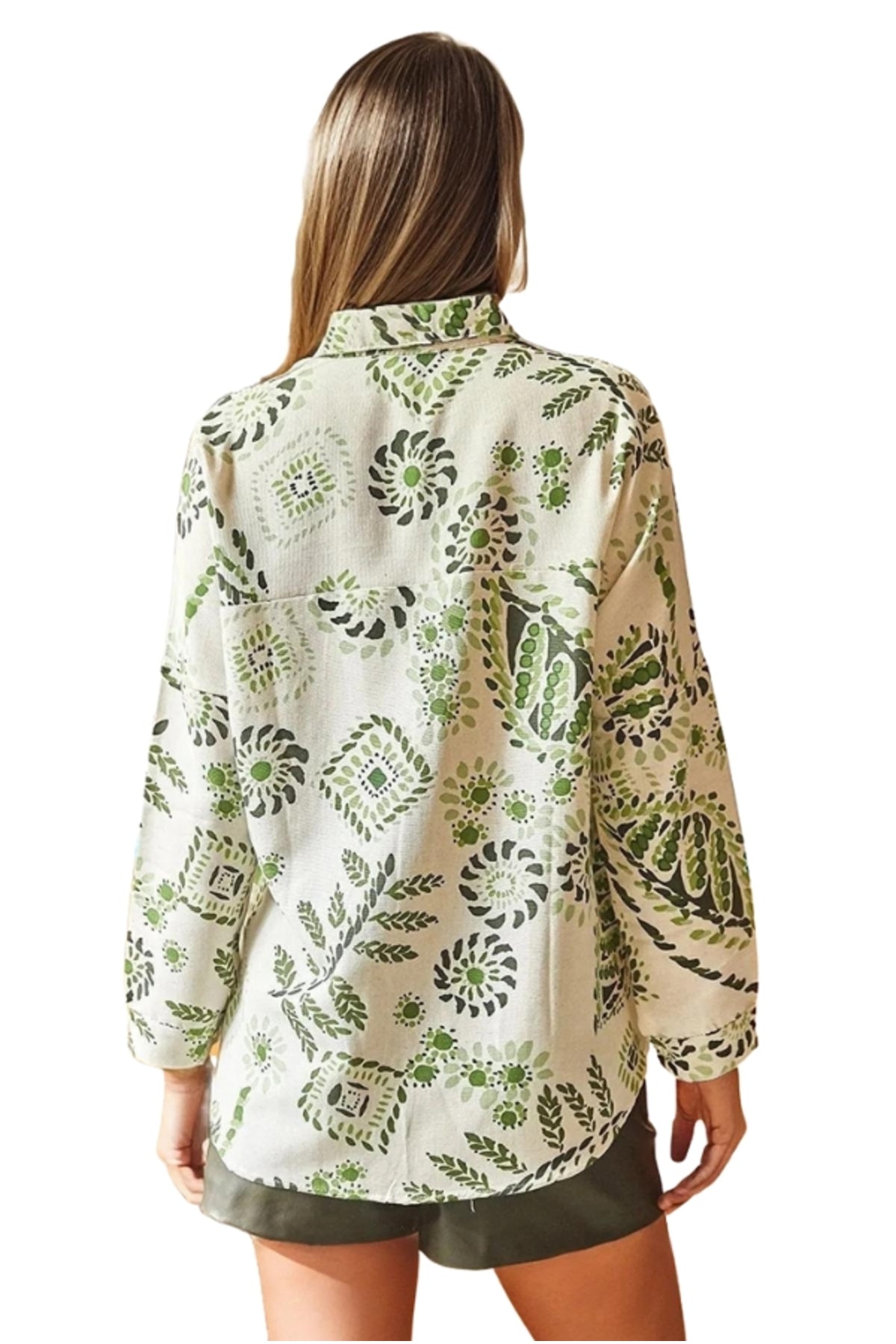 Emilia Women's Linen-Viscose Blend Oversized Printed Shirt - Green and Ecru Geometric Print