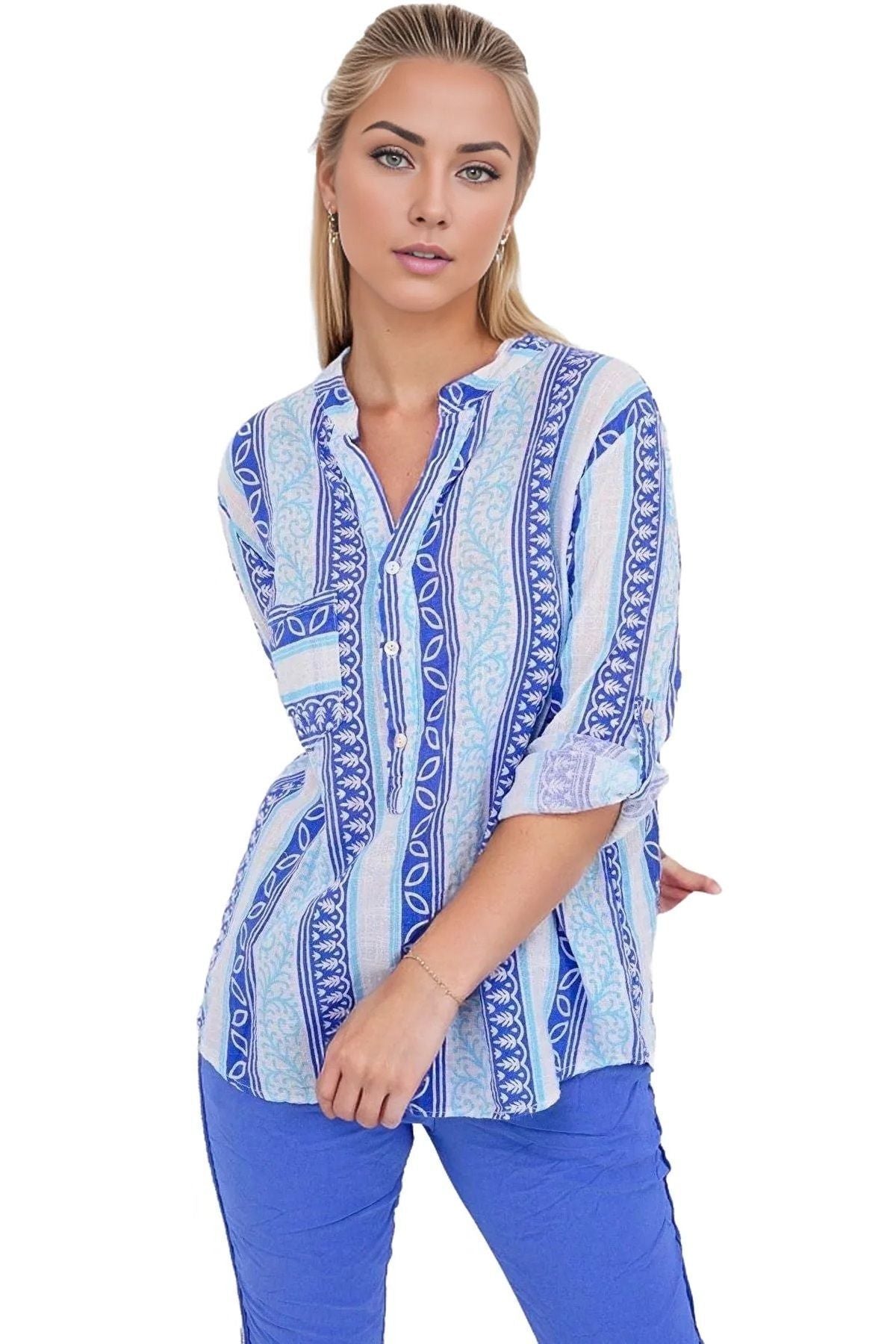 Elsie Women's Cotton-Linen Blend Boho Print Button-Up Shirt - Blue