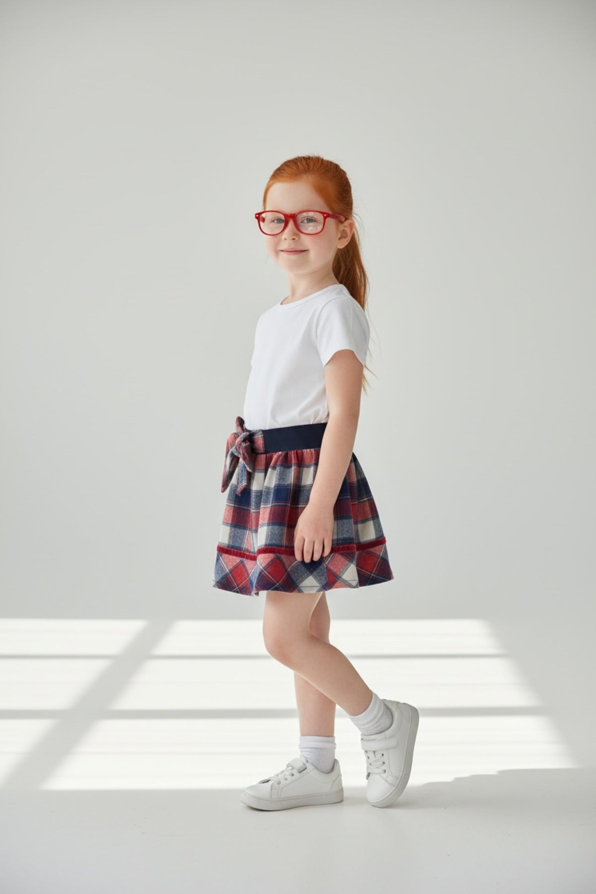 Alida Girls' Plaid Skirt - Red Navy White Large Plaid - product image 3