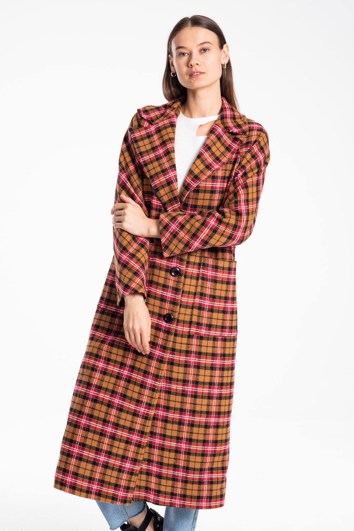Frieda Women's Plaid Coat - Cognac Black Red - product image 4