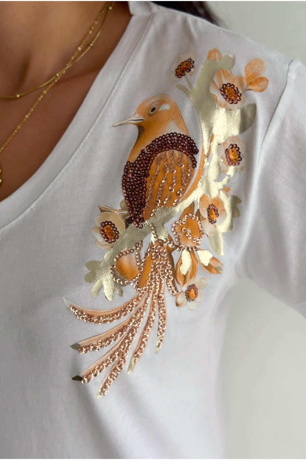 Olivia Women's Cotton Plus Size Embellished V-Neck T-Shirt - White with Gold Bird Embroidery