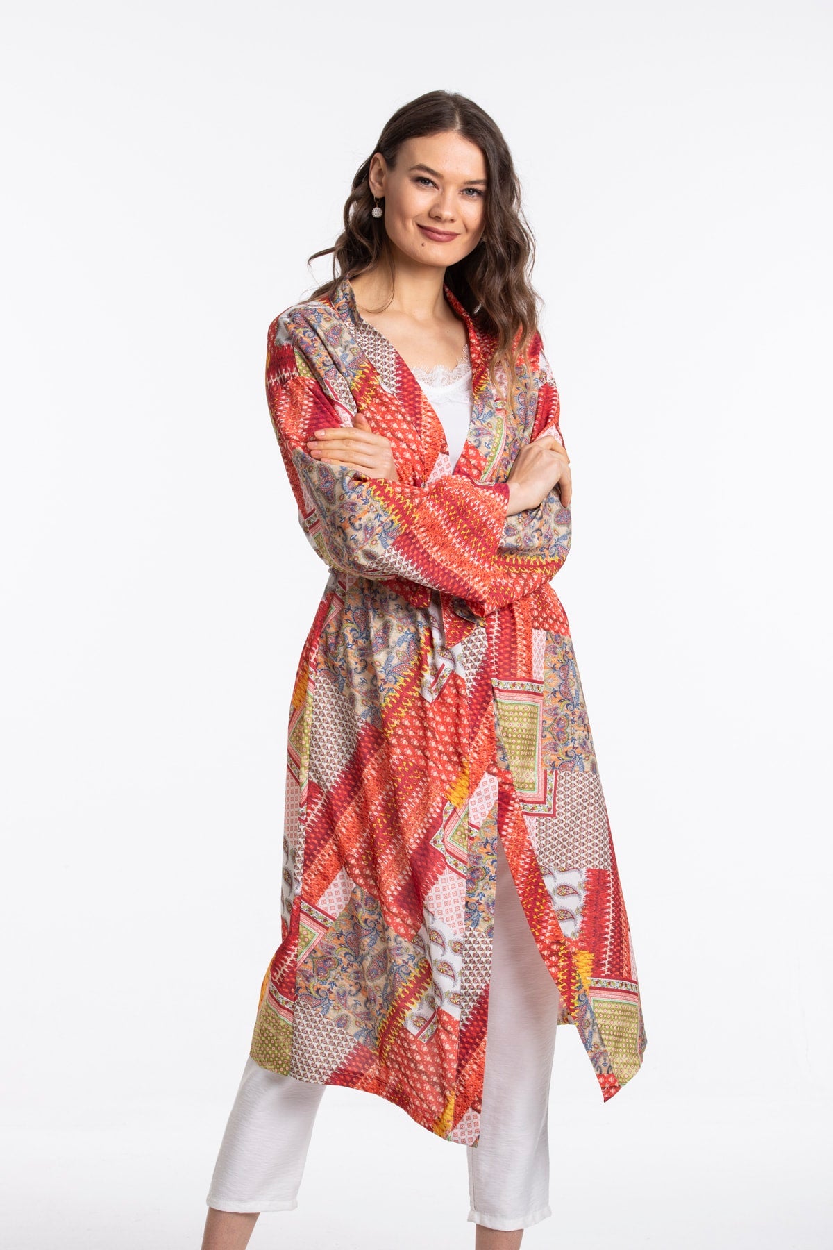 Elise Women's Belted Kimono - Coral Red Print - product image 2