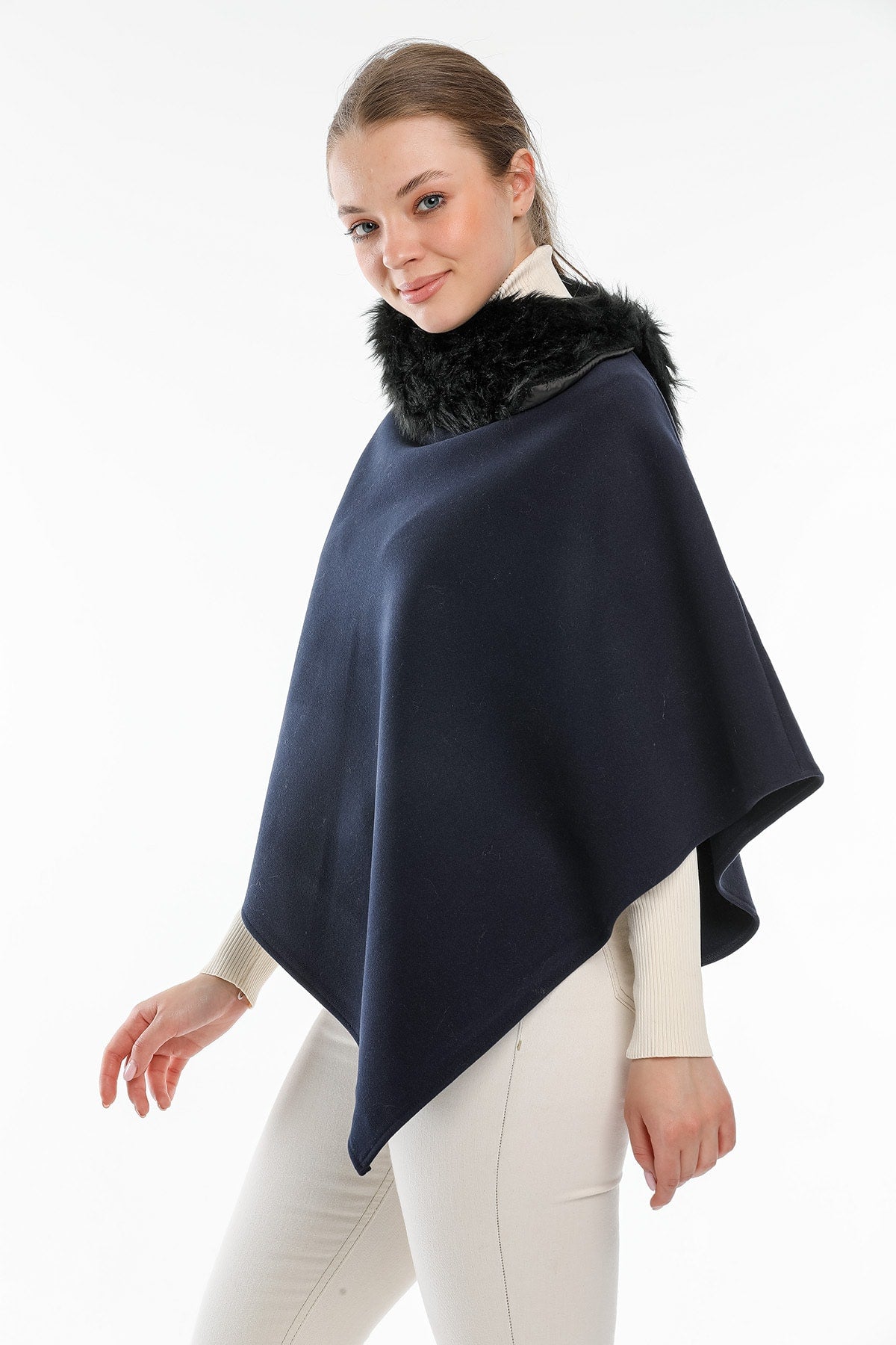 Ana Women's Fur-Trim Poncho - Navy - product image 2