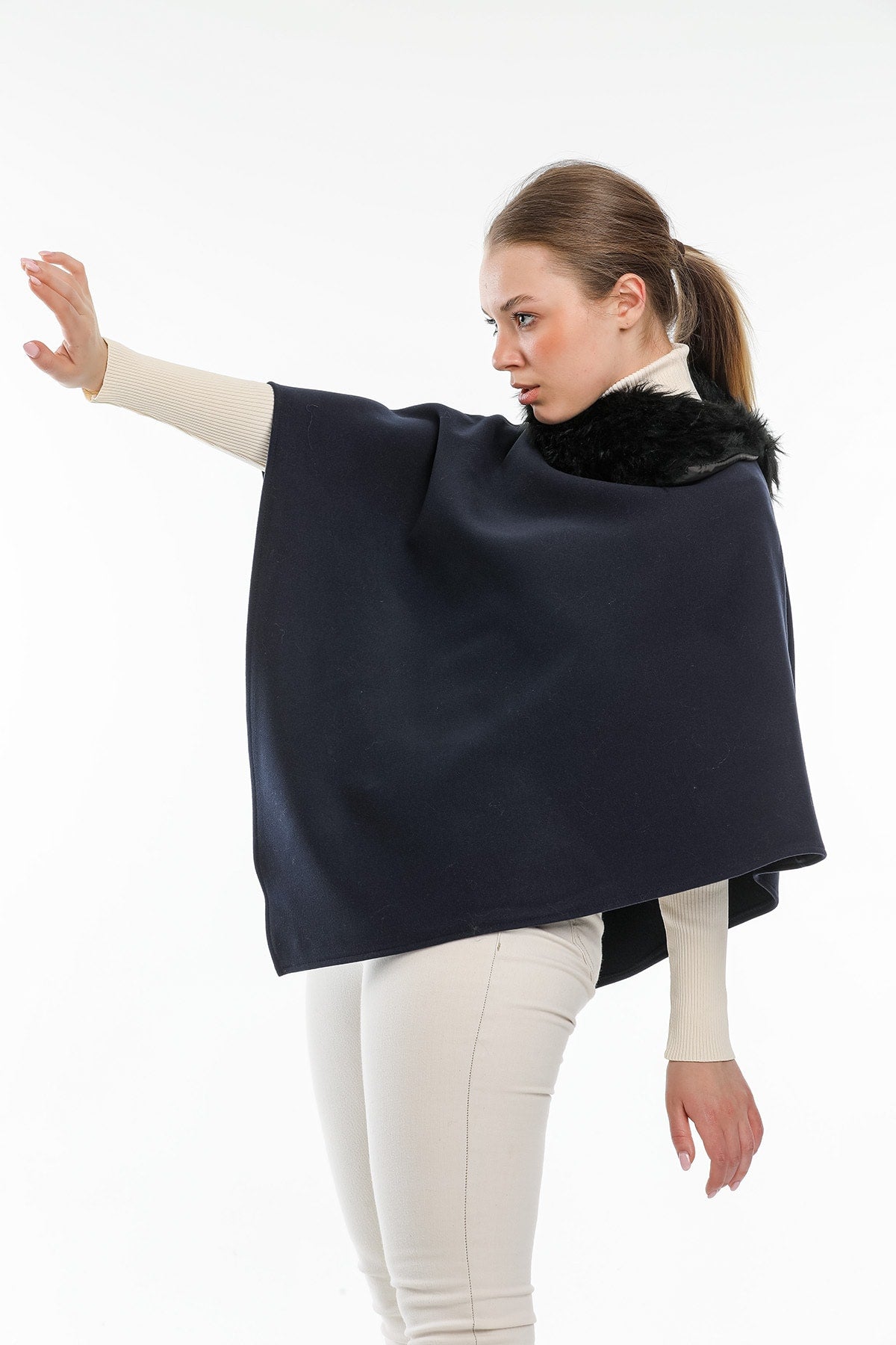 Ana Women's Fur-Trim Poncho - Navy - product image 3