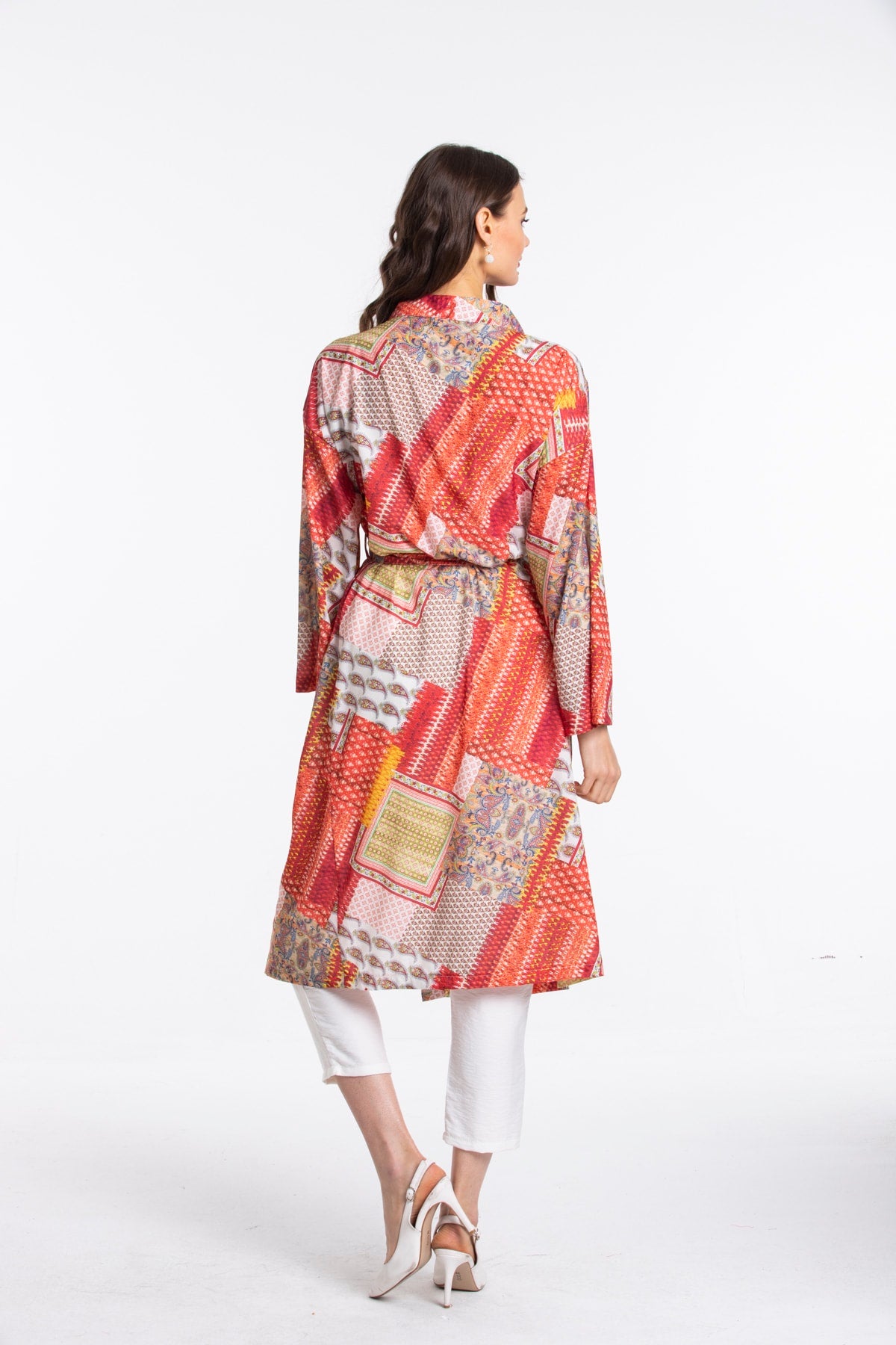 Elise Women's Belted Kimono - Coral Red Print - product image 3