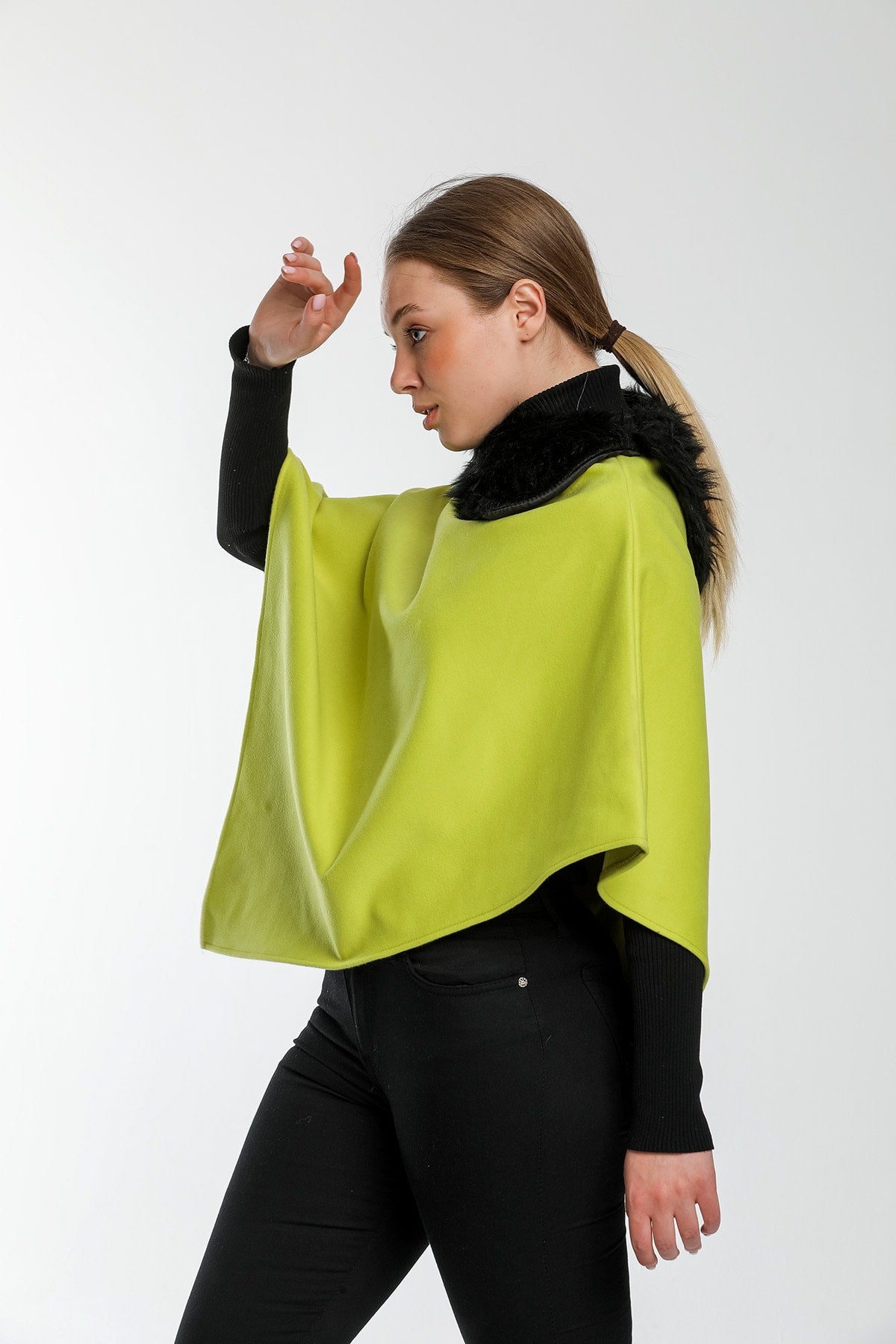 Ana Women's Fur-Trim Poncho - Pistachio Green Fur Trim - product image 3