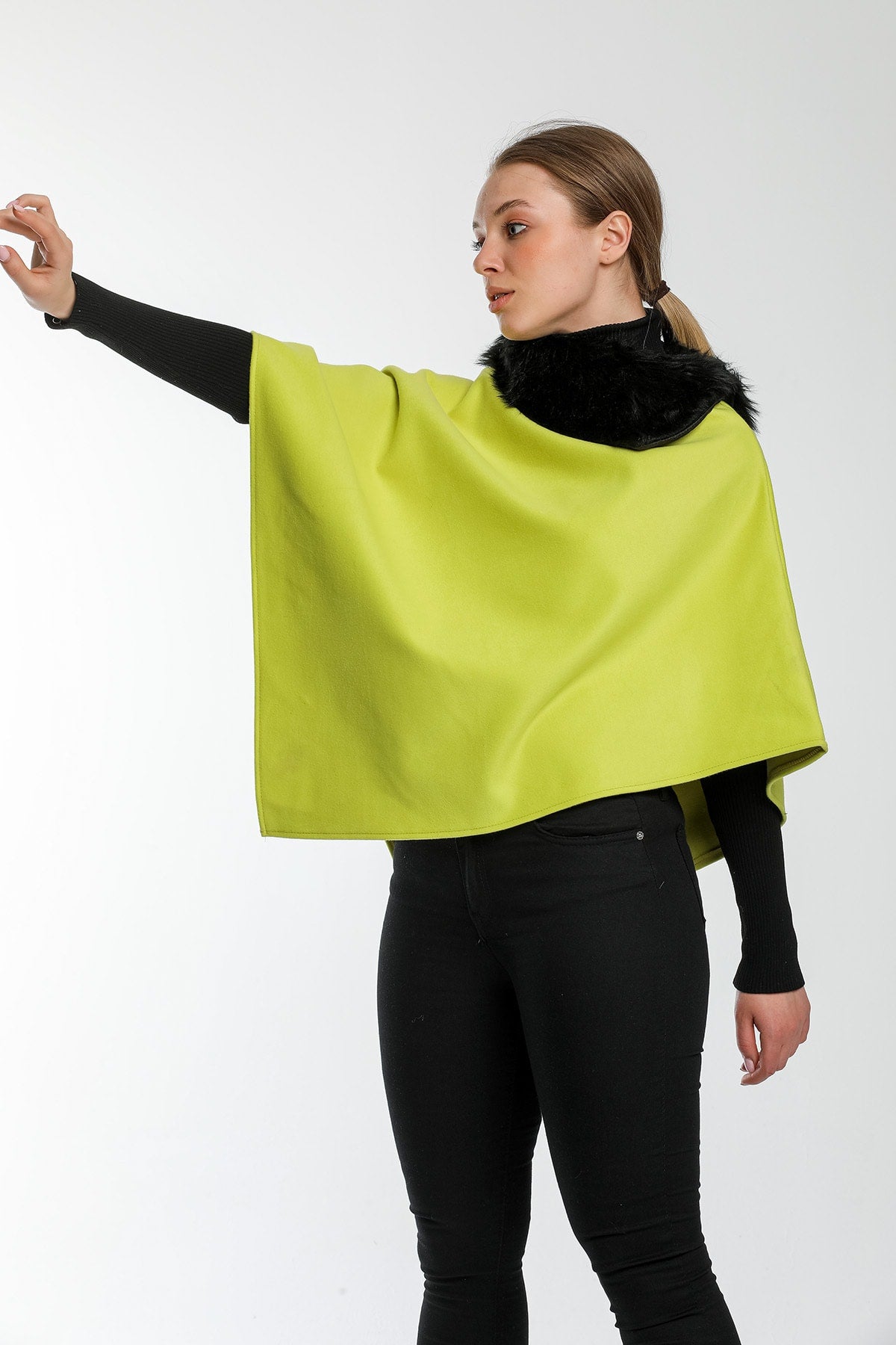 Ana Women's Fur-Trim Poncho - Pistachio Green Fur Trim - product image 4