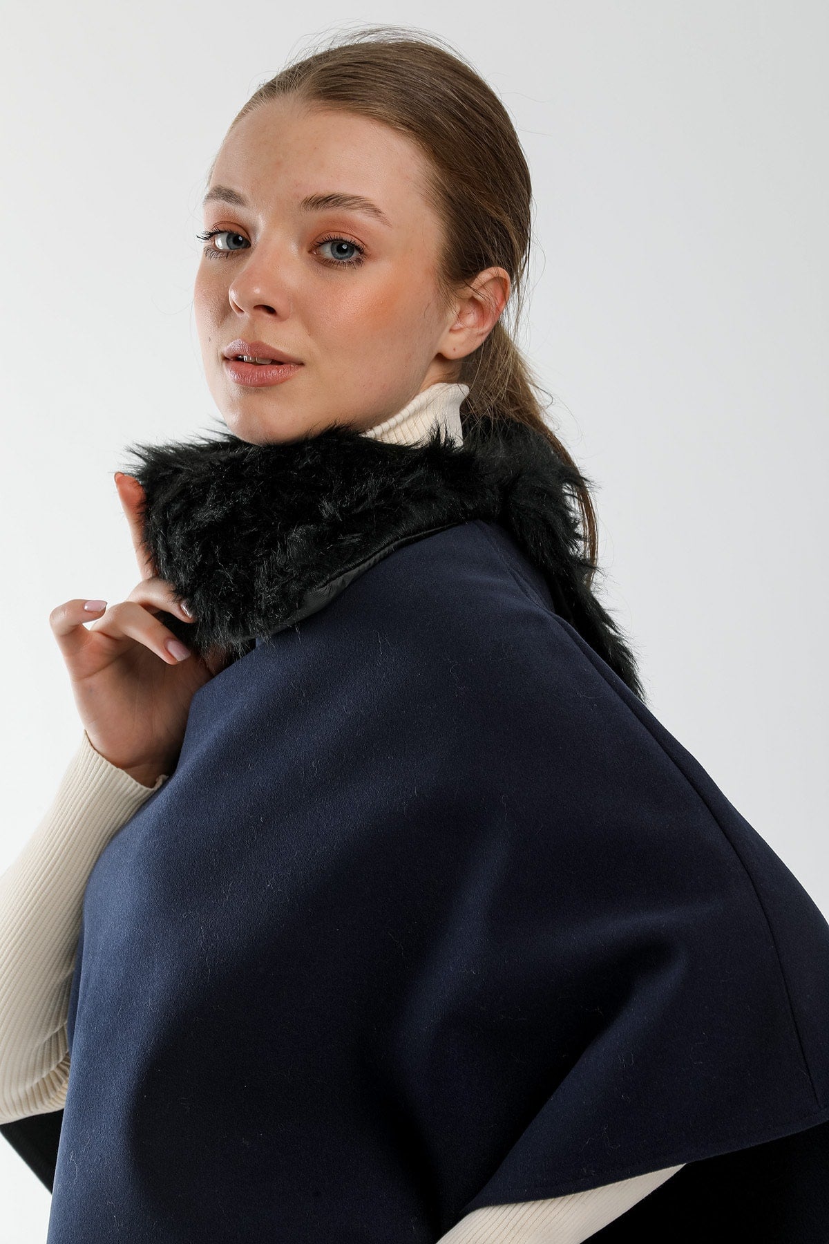 Ana Women's Fur-Trim Poncho - Navy - product image 6