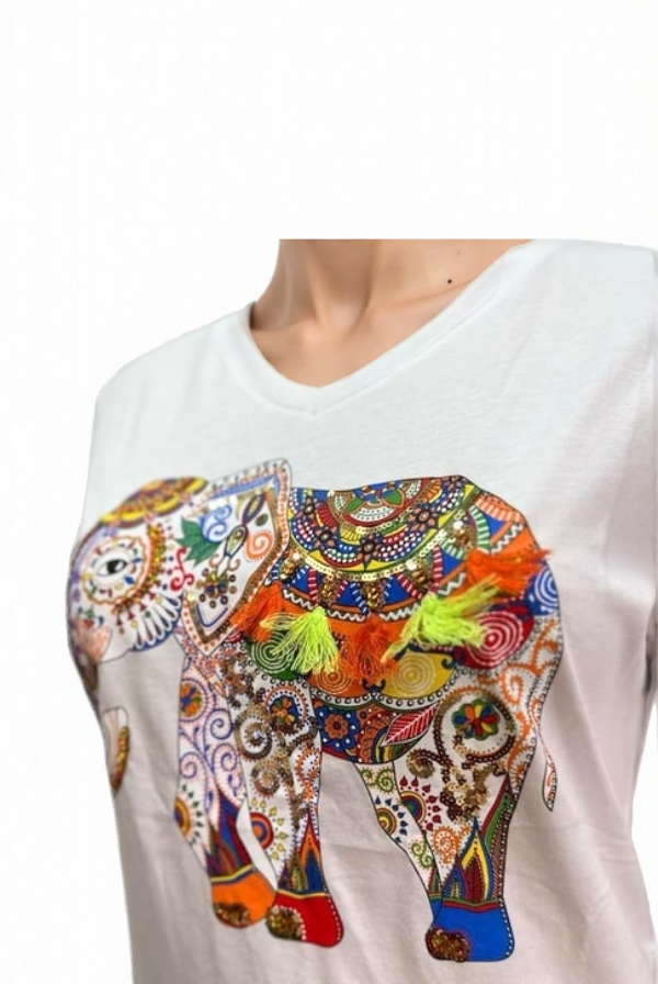 Camiseta de algodón Tilda con lentejuelas, diseño floral en negro y azul