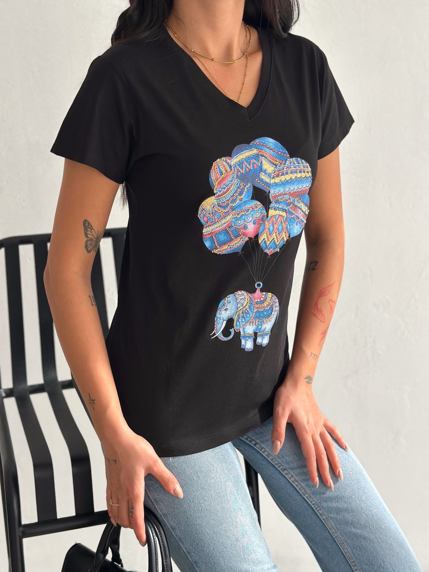 Tilda Black Elephant Balloon Sequin Cotton Short Sleeve T-Shirt