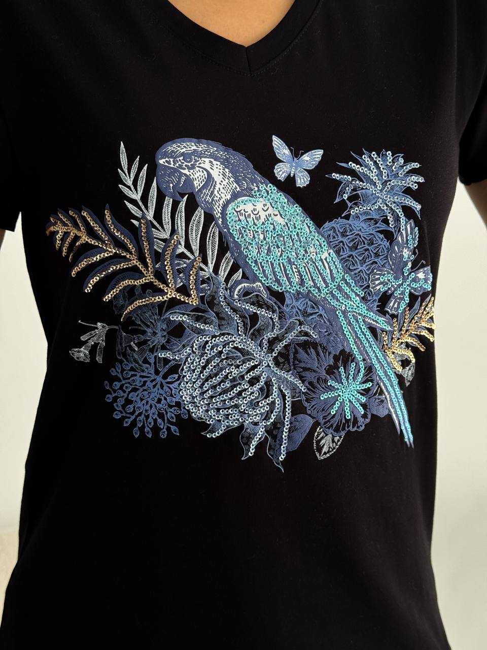 Tilda Black Parrot Sequin Cotton T-Shirt