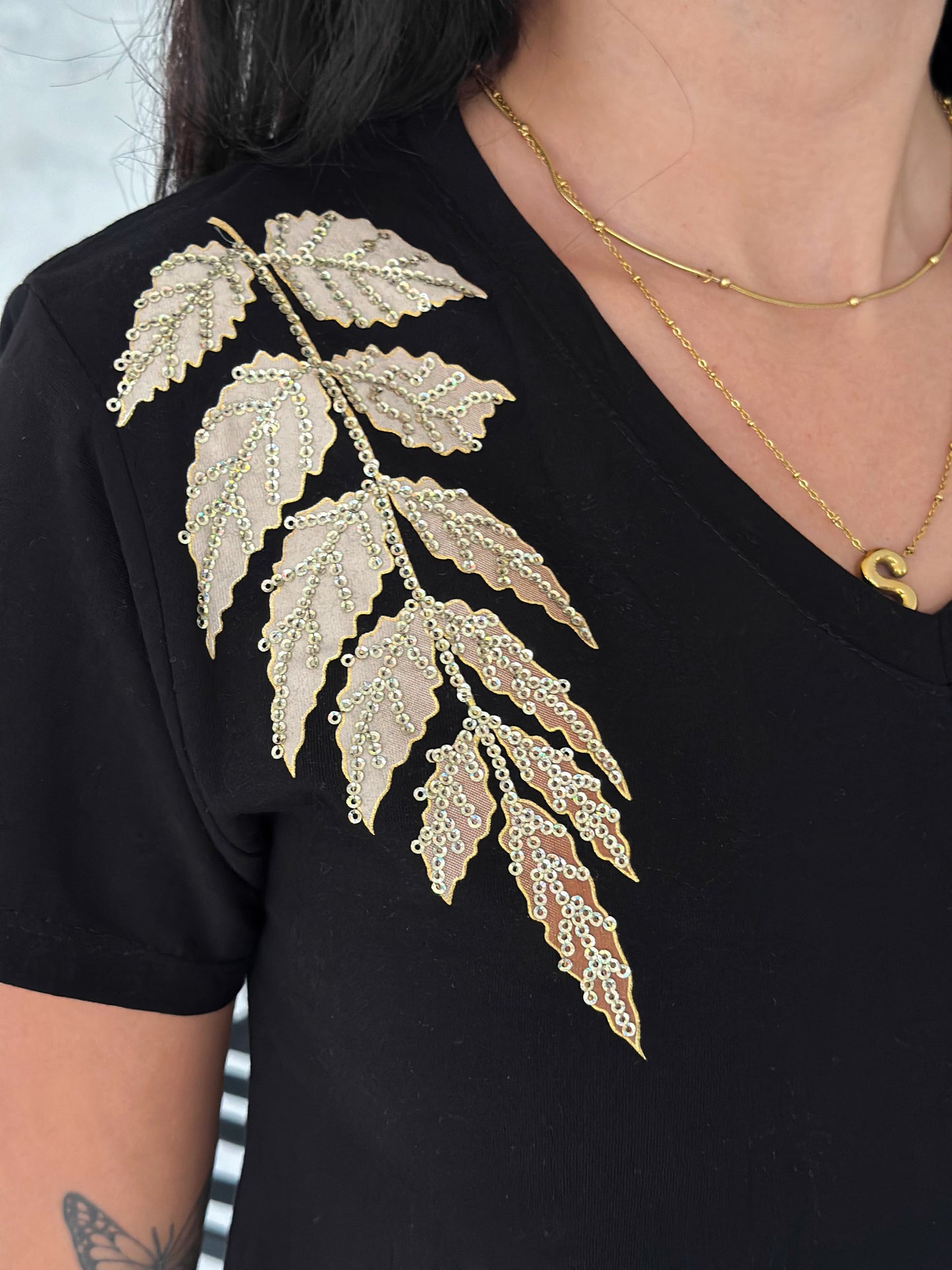 Tilda Black Gold Leaf Sequin Cotton Short Sleeve T-Shirt