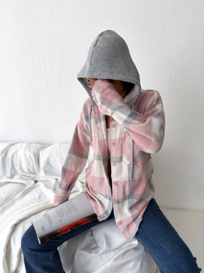 Harper Soft Pink Cotton Plaid Shacket with Hoodie