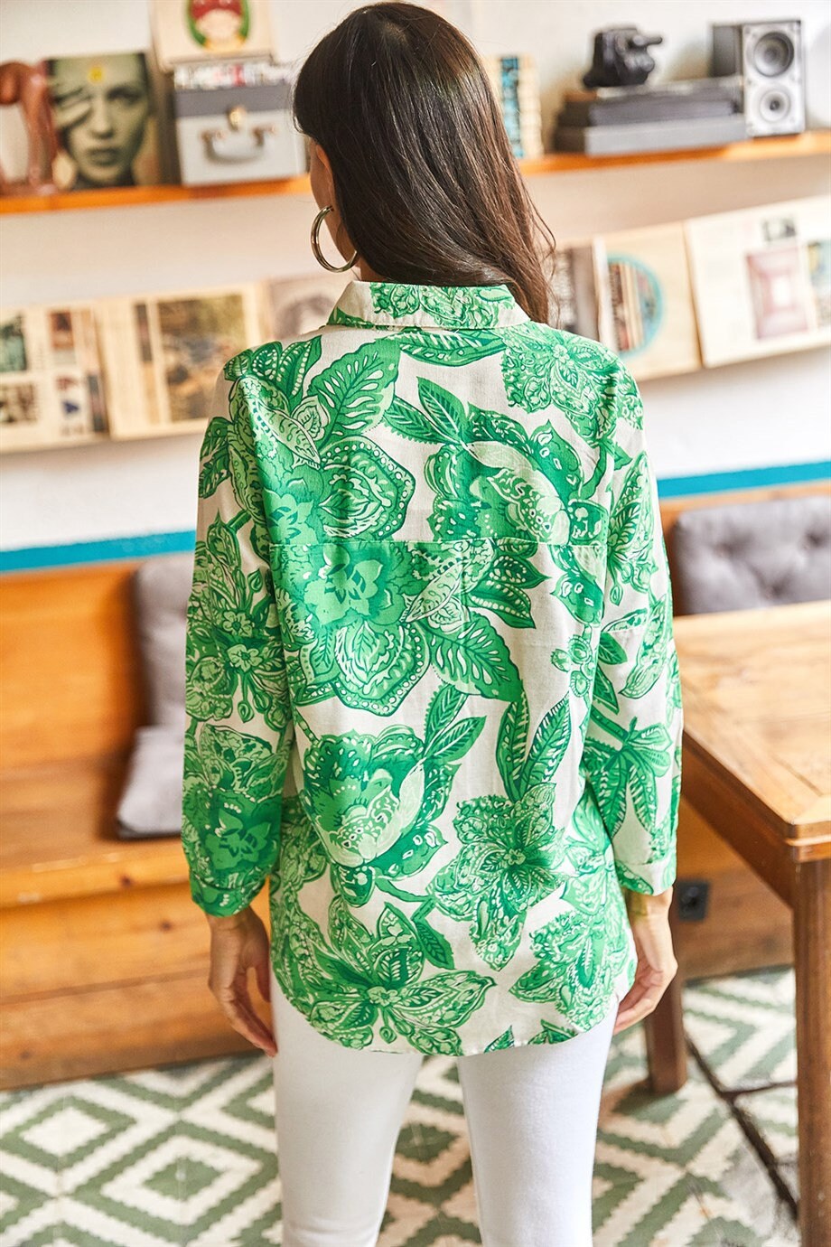 Πράσινο πουκάμισο Lola Big Floral με κουμπιά και σχέδιο από λινό μείγμα σχεδιαστών