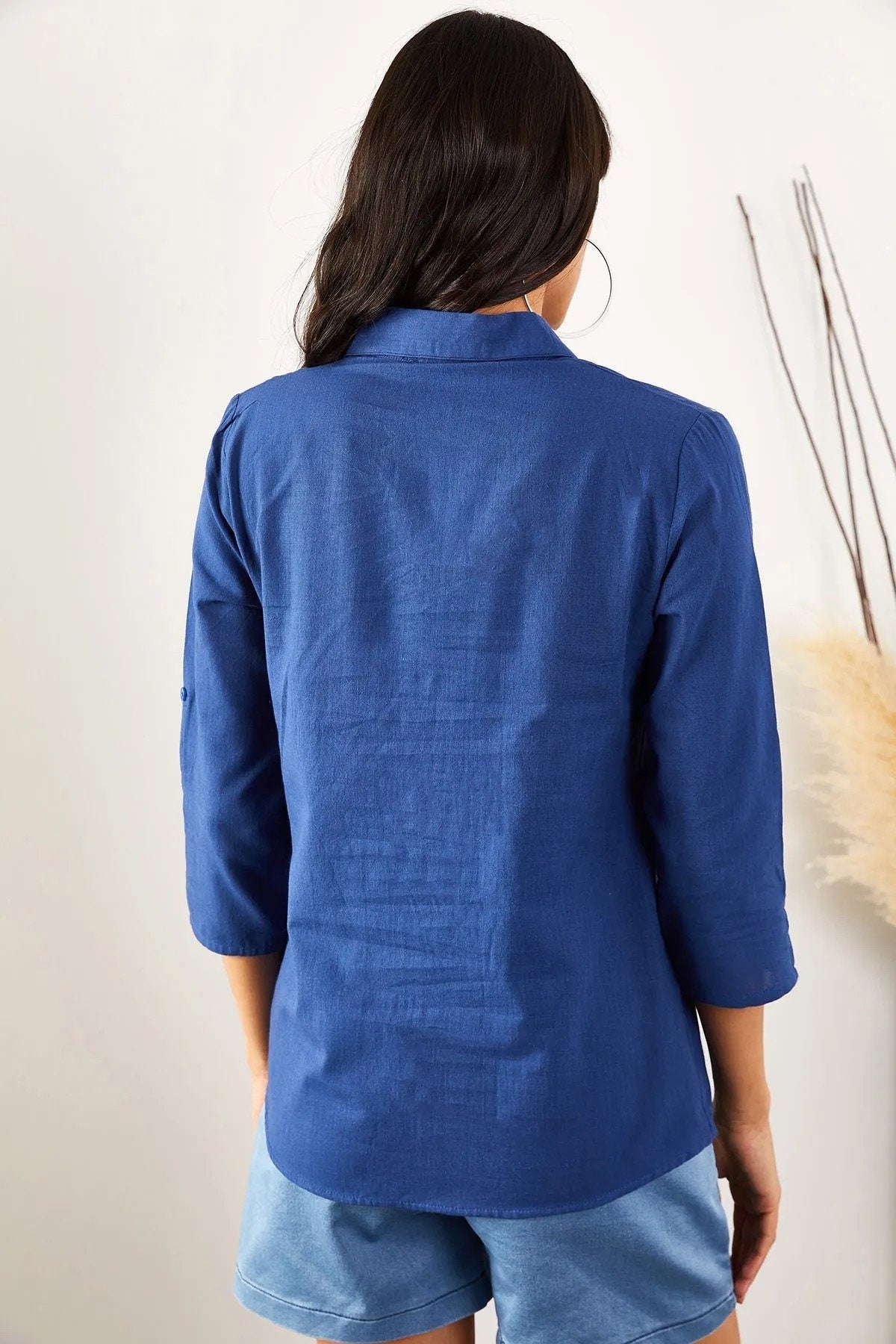 Verona Koyu Mavi Keten Uzun Kollu Düğmeli Gömlek