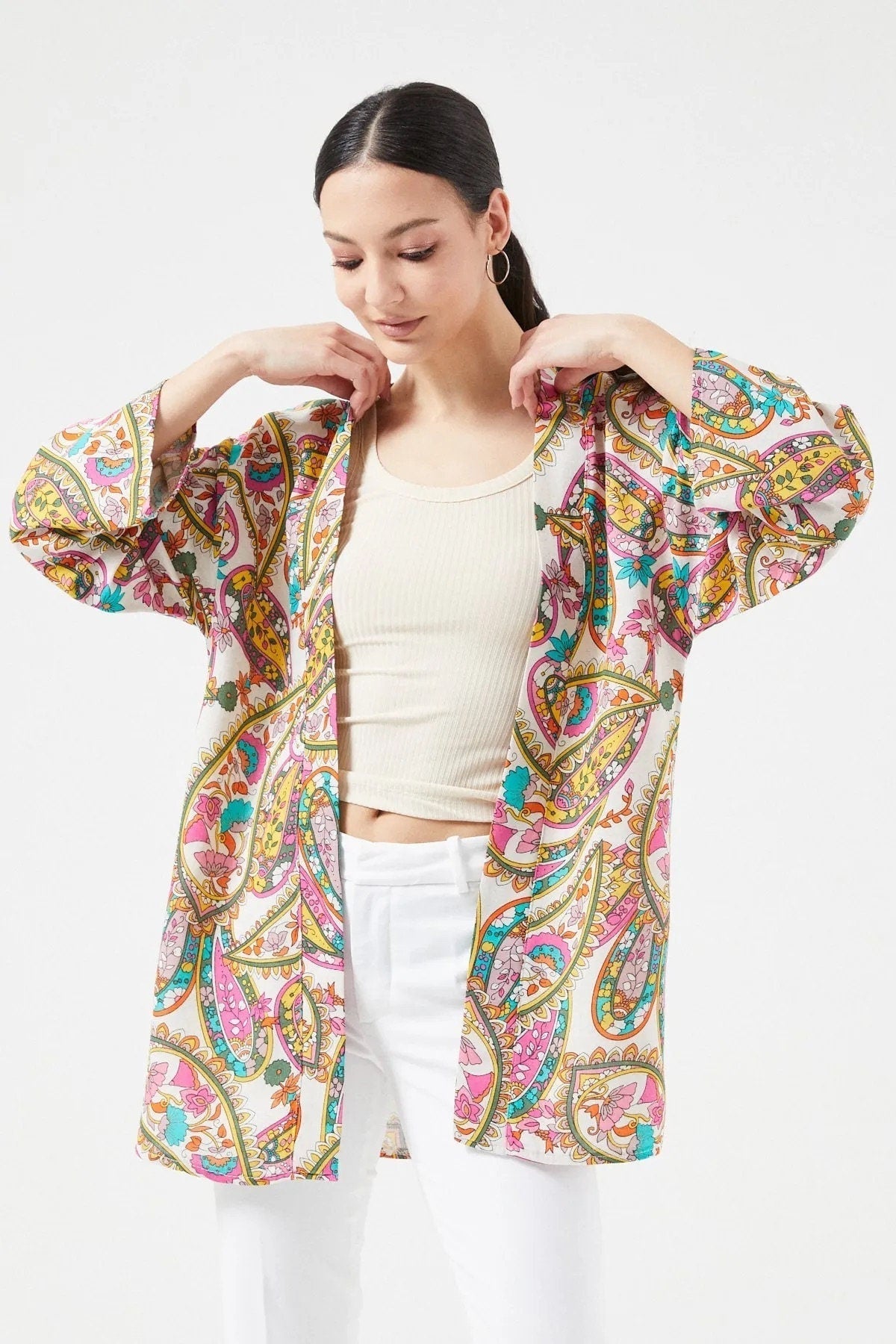 Kimono Patricia étnico colorido de lino