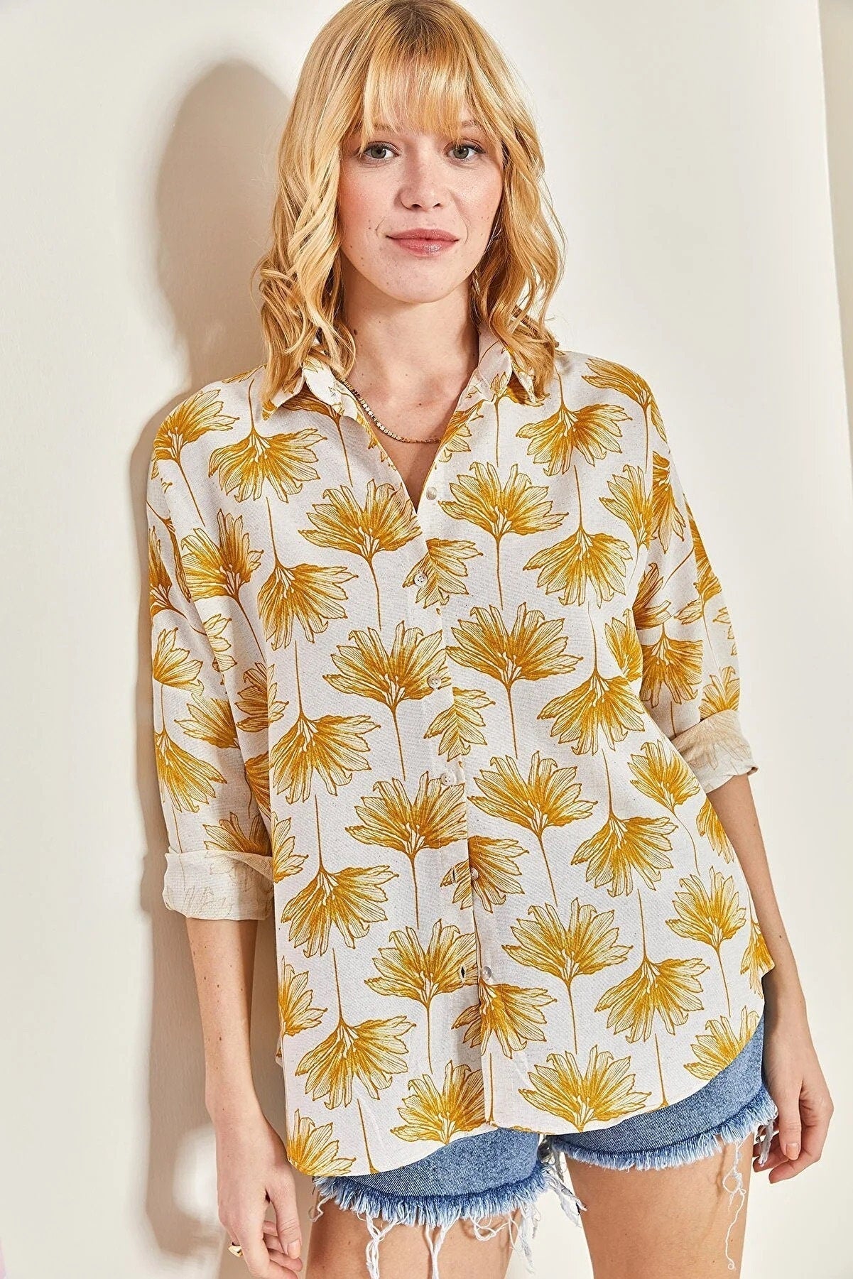 Lola Green Gingko Print Linen Blend Blouse