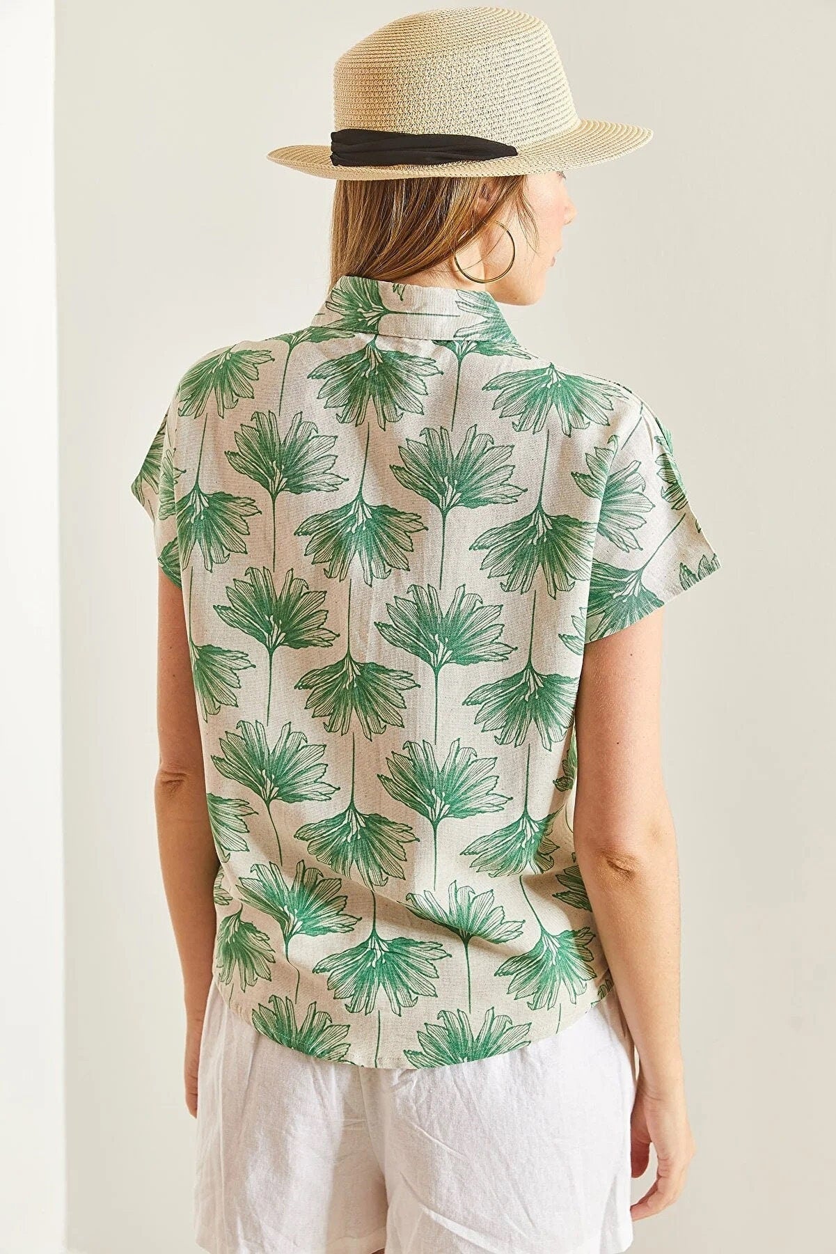 Camila Green Gingko Print Linen Blouse