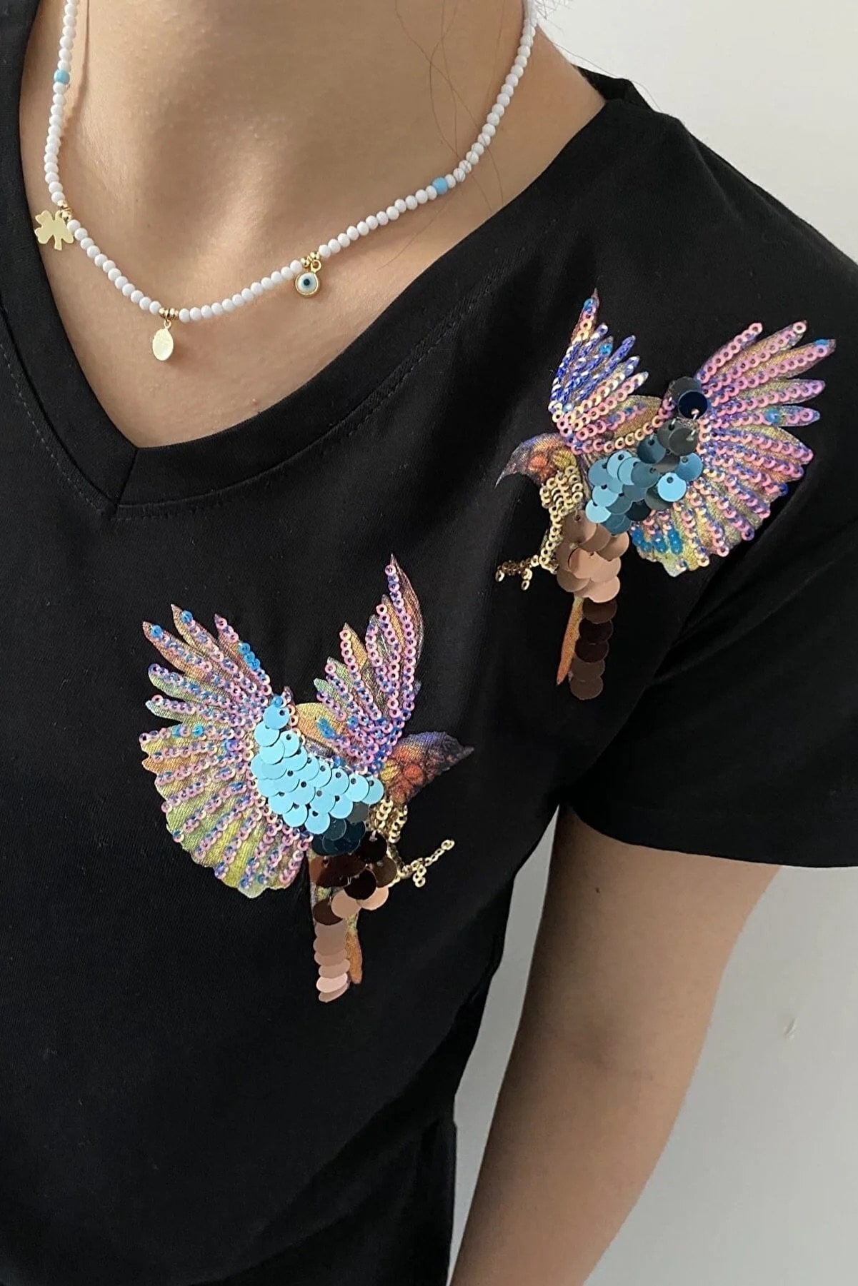 Tilda Bird Embroidered Cotton Short Sleeve T-Shirt - Black