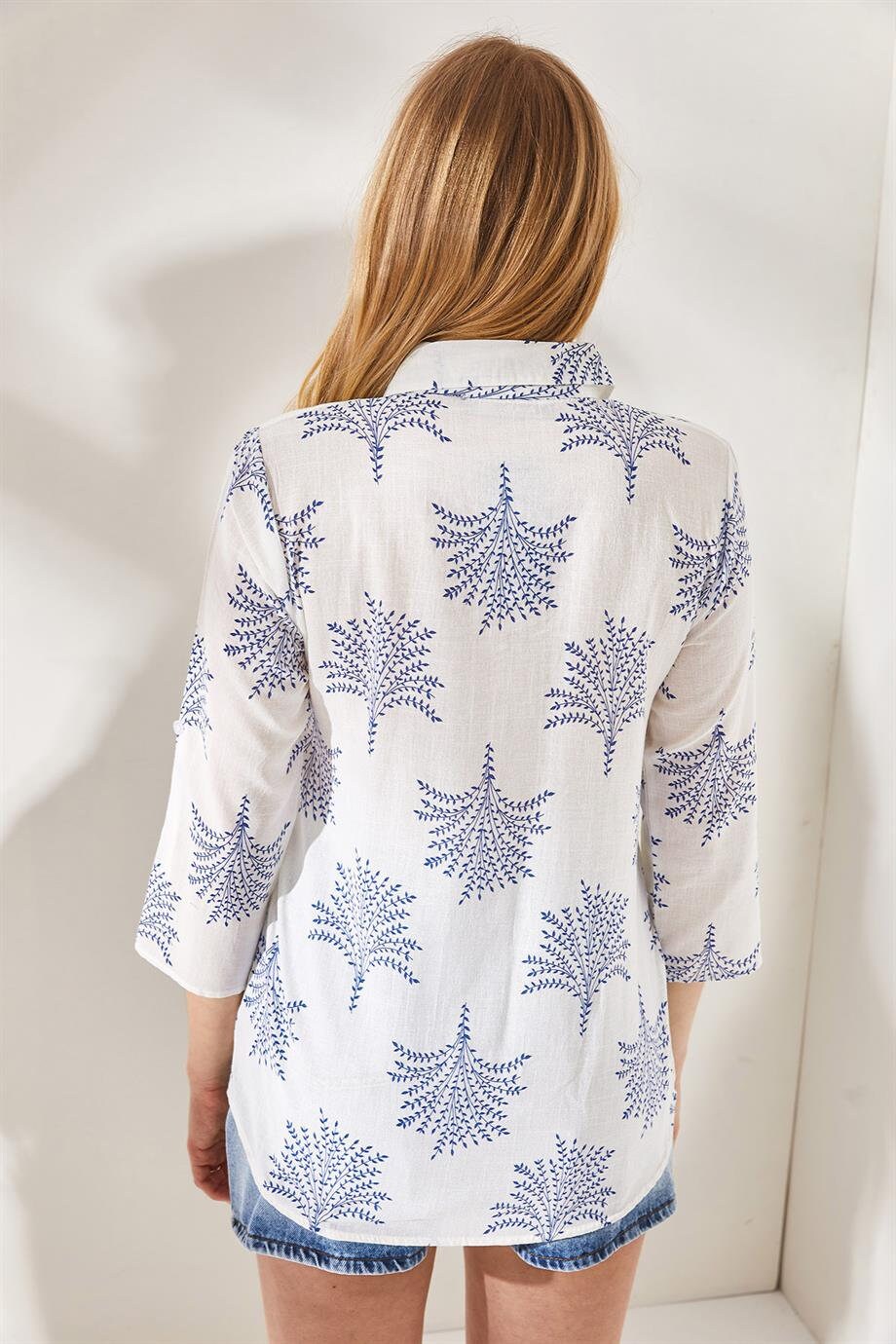 Verona Mavi Tasarımcı Keten Bluz