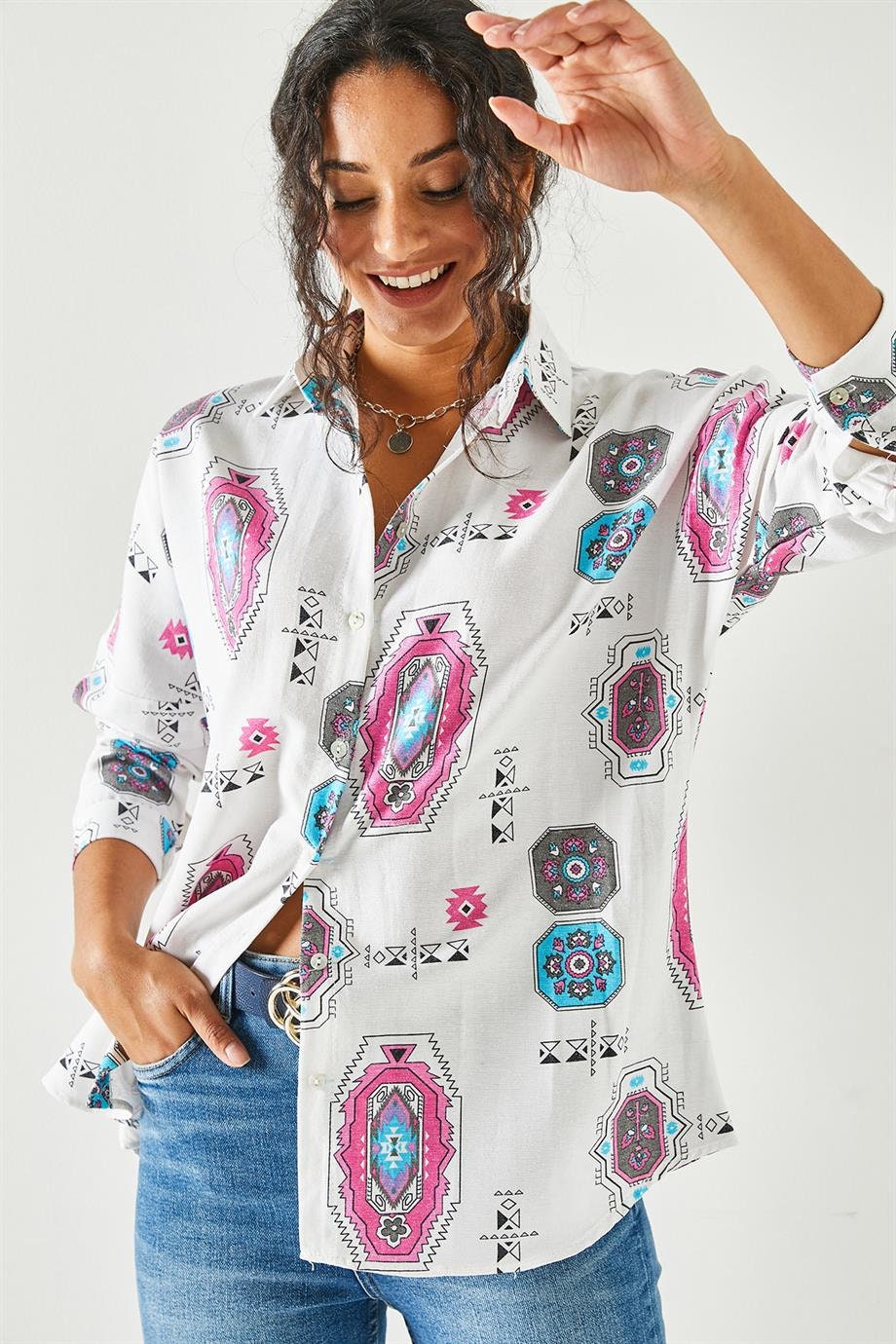 Blusa de lino Lola Pink con estampado étnico