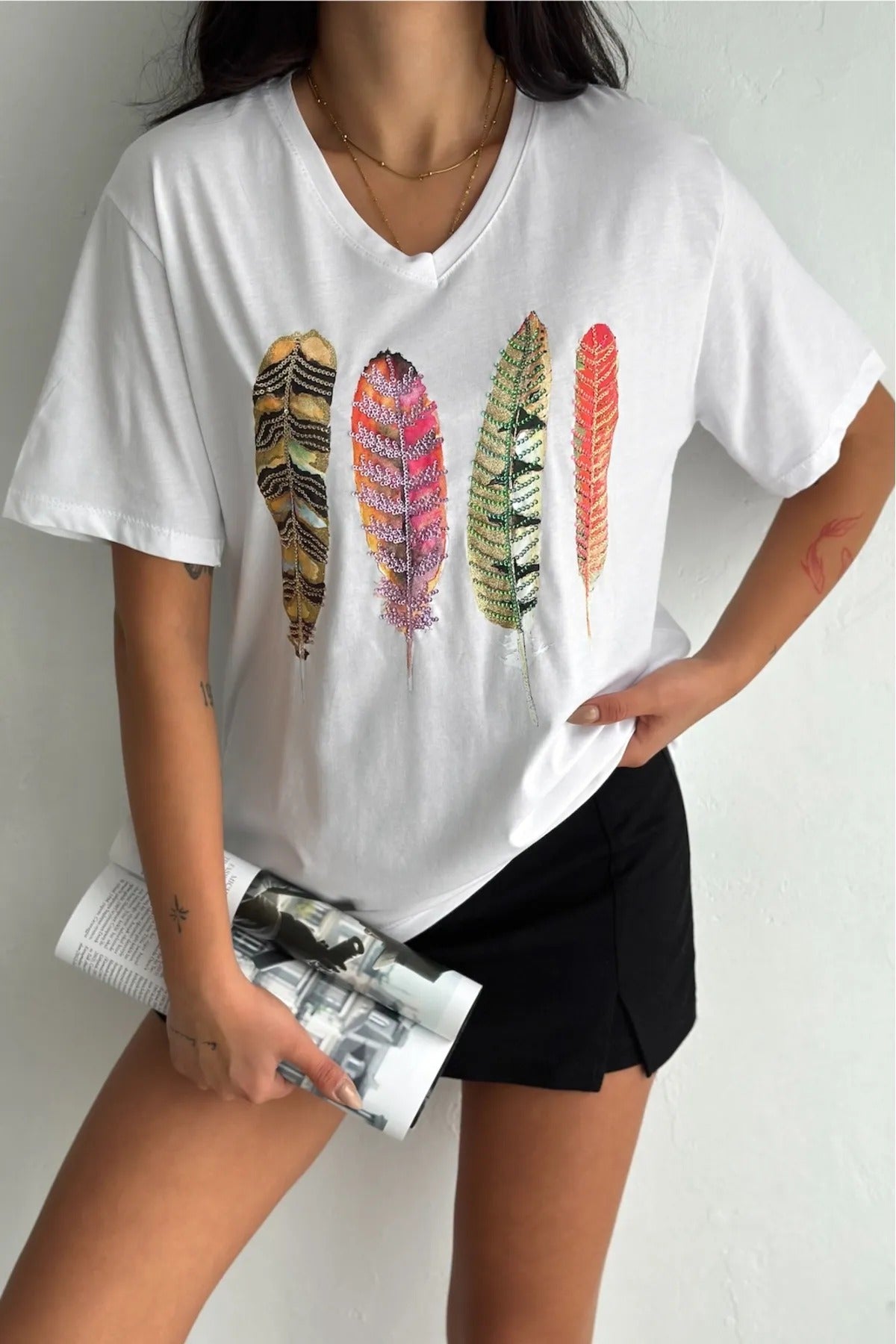 Tilda Yaprak Desenli Payetli Pamuklu Kısa Kollu Tişört - Beyaz