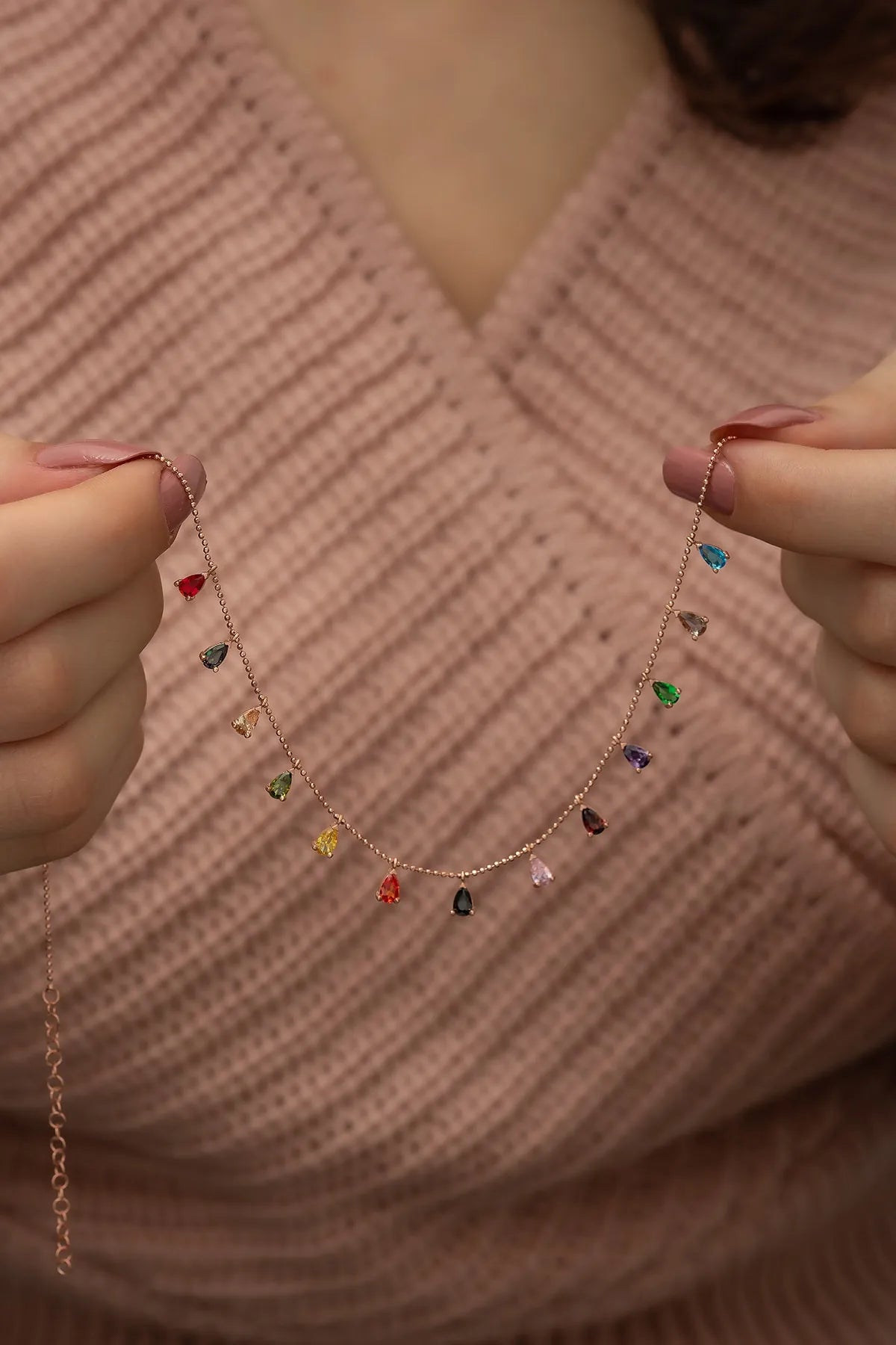 925 Sterling Silver Necklace with Drop Mix Stones