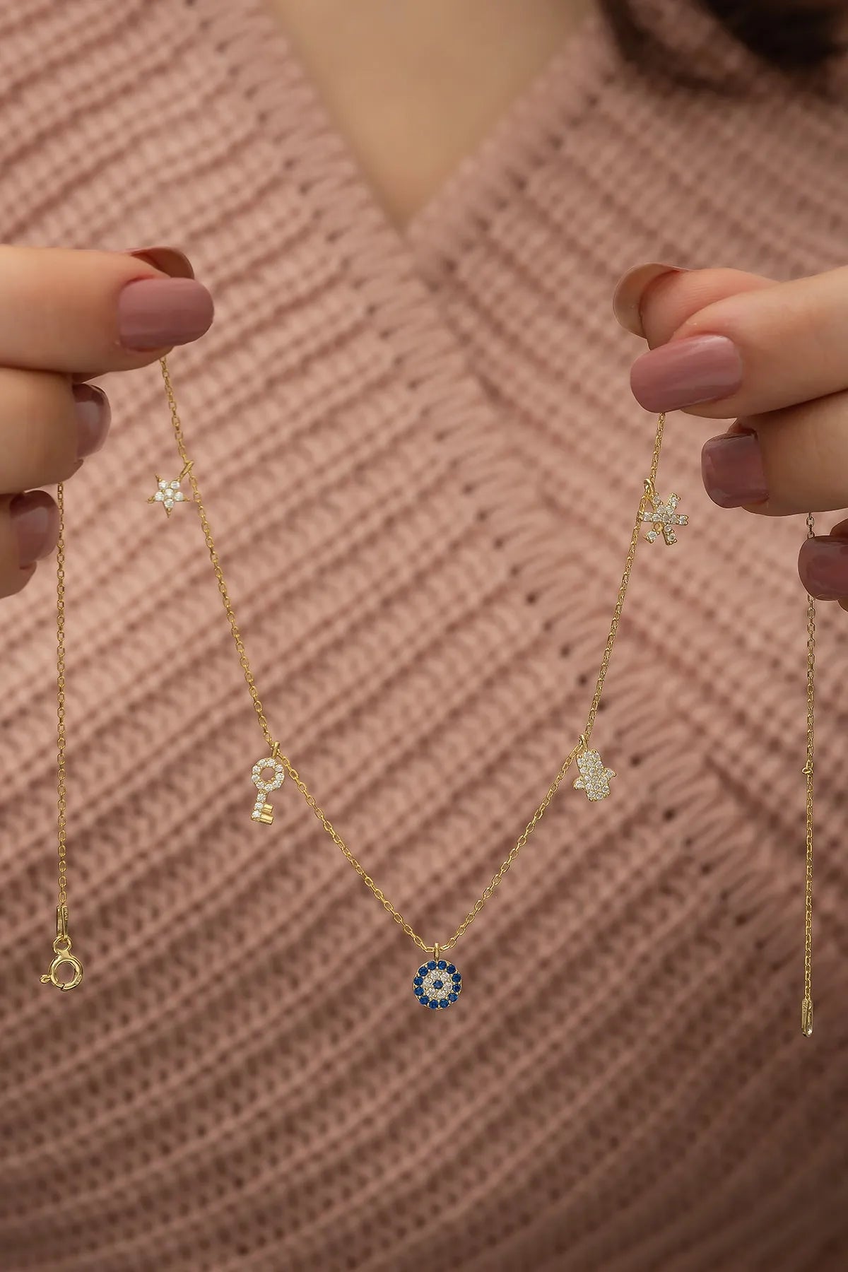 925 Sterling Silver Luck Gold Necklace with Evil Eye