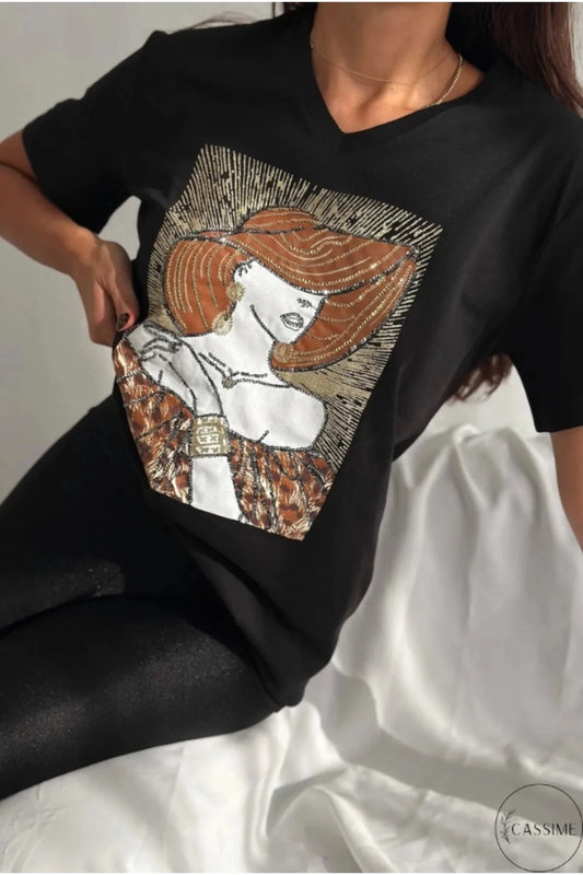 Tilda Black Woman Hat Figure Cotton T-Shirt