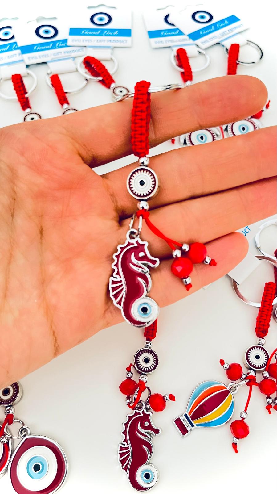 Llavero de Caballito de Mar Plata Rojo Ojo Turco