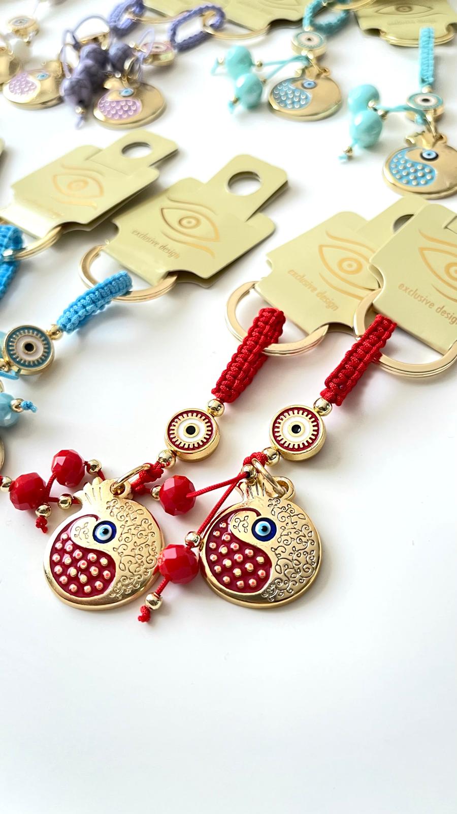 Red Pomegranate Abundance Design Gold Evil Eye Keychain