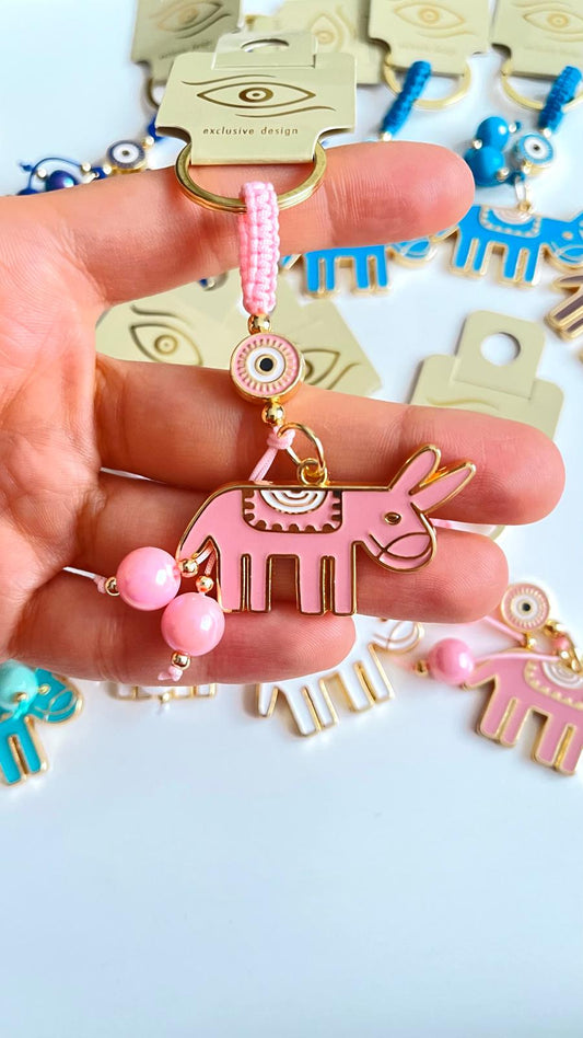 Pink Donkey Design Gold Evil Eye Keychain