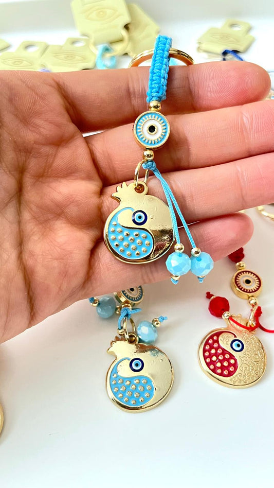 Light Blue Pomegranate Abundance Design Gold Evil Eye Keychain