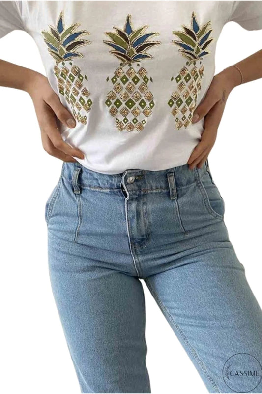 Tilda Leopar Desenli Payetli Tişört - Beyaz 