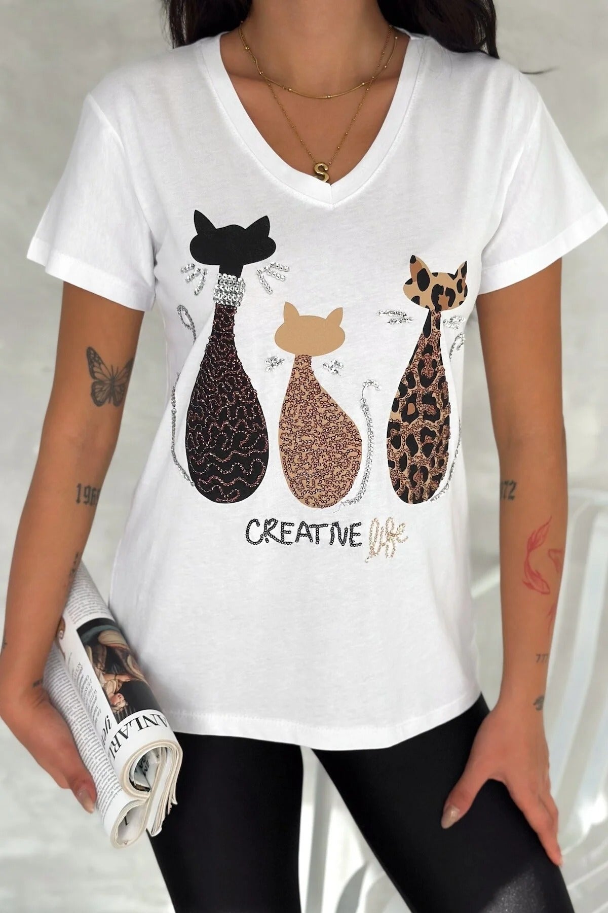 Camiseta de manga corta de algodón con lentejuelas Tilda Cat - Negra