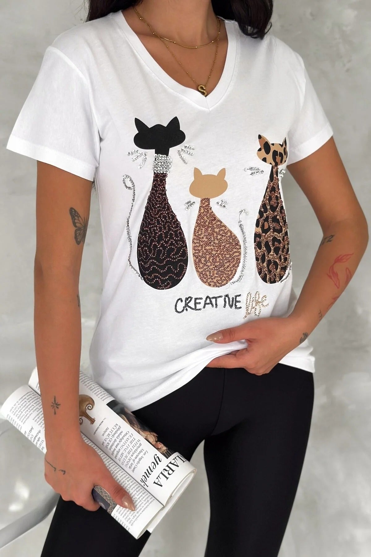 Camiseta de manga corta de algodón con lentejuelas Tilda Cat - Negra