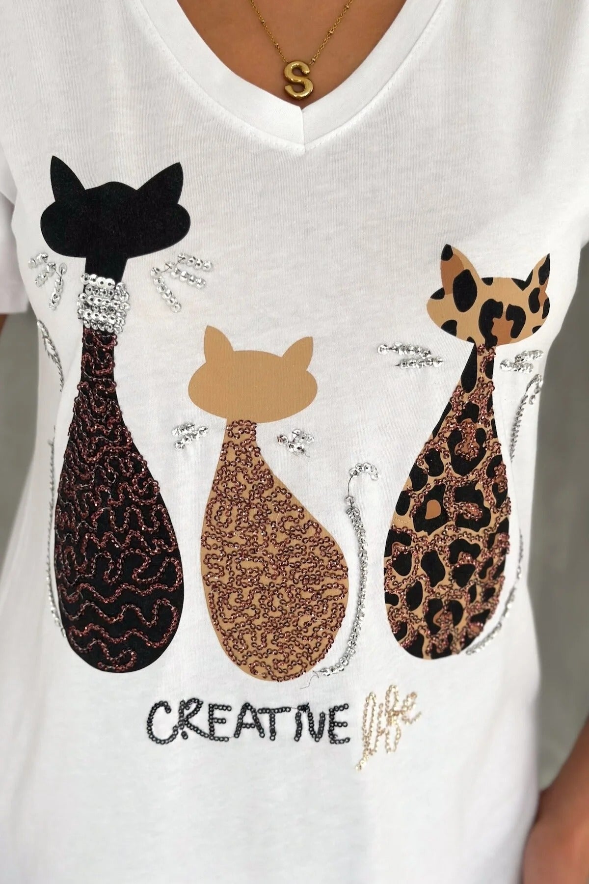 Camiseta de manga corta de algodón con lentejuelas Tilda Cat - Negra