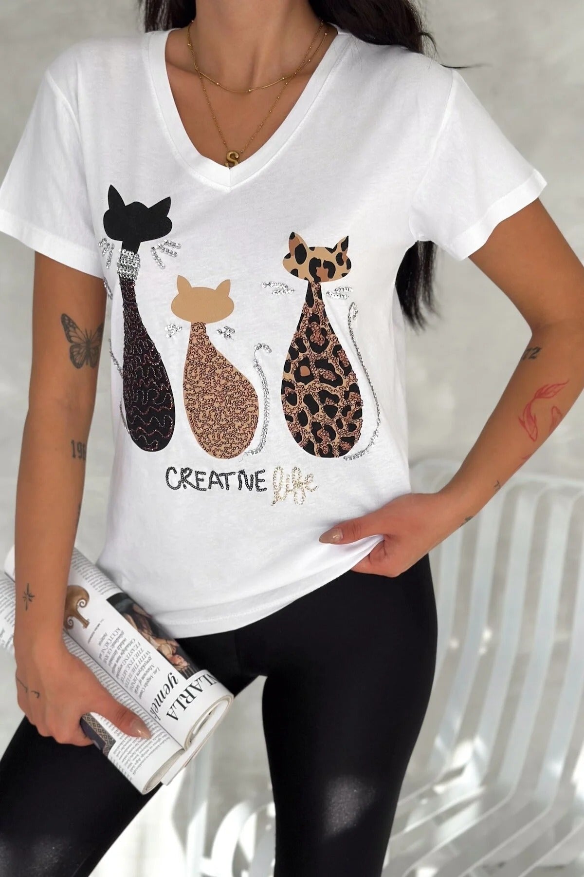 Camiseta de manga corta de algodón con lentejuelas Tilda Cat - Negra