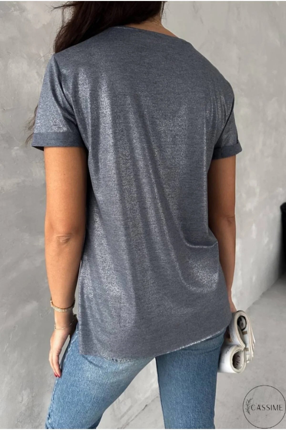 Janine Gray Glitter V-Neck T-shirt