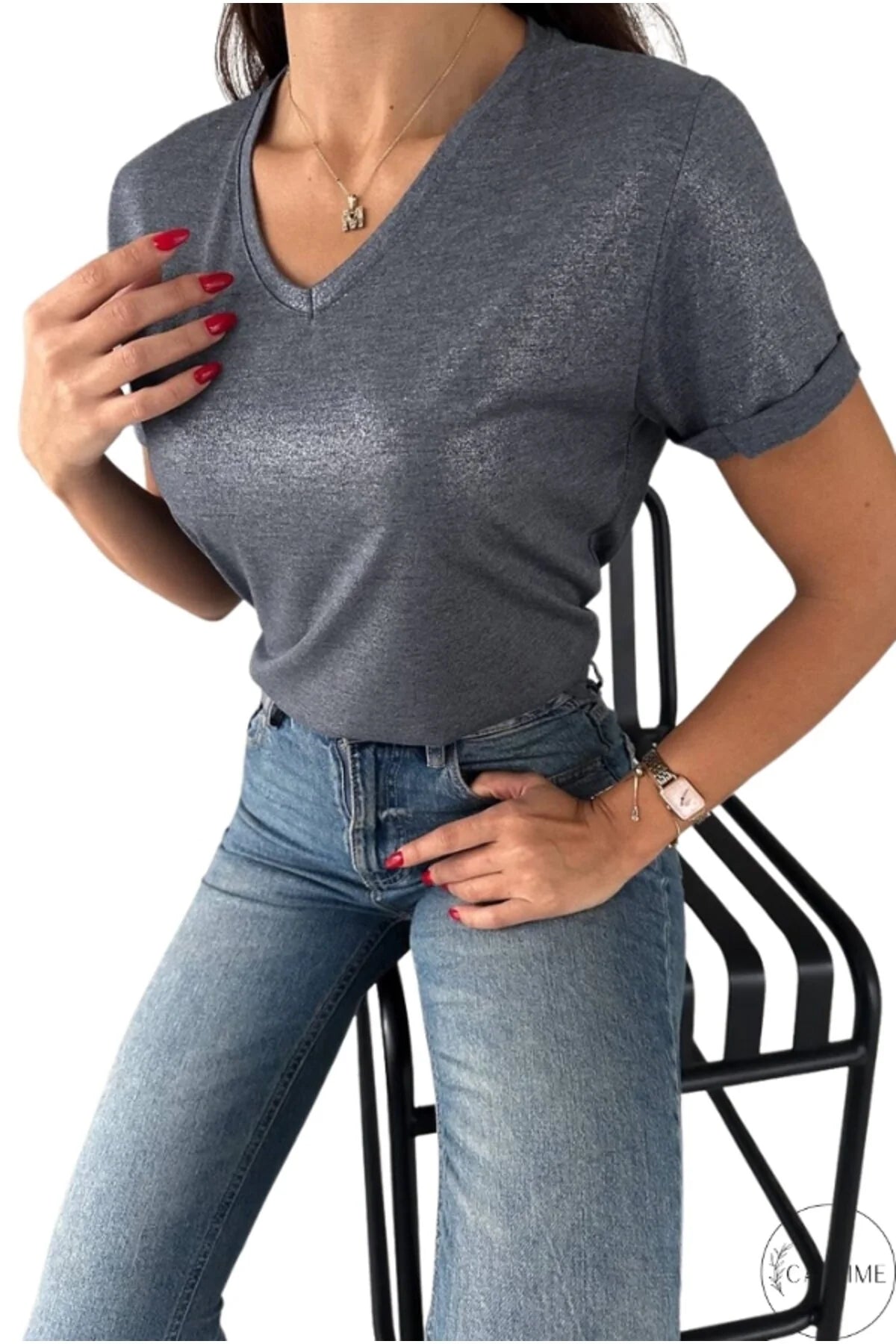 Janine Gray Glitter V-Neck T-shirt