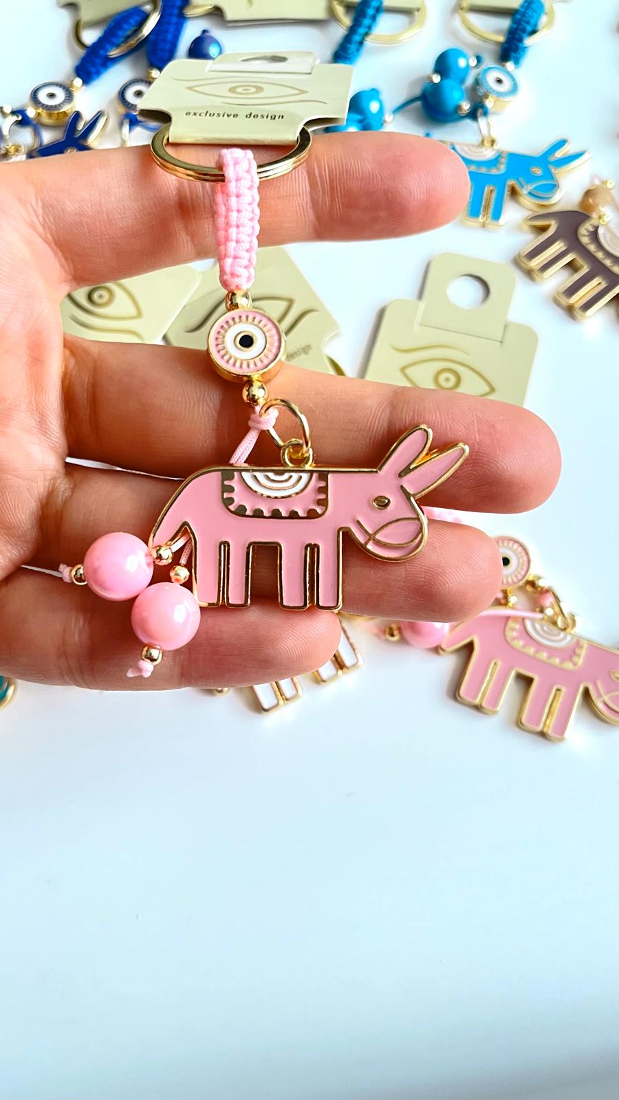 Pink Donkey Design Gold Evil Eye Keychain