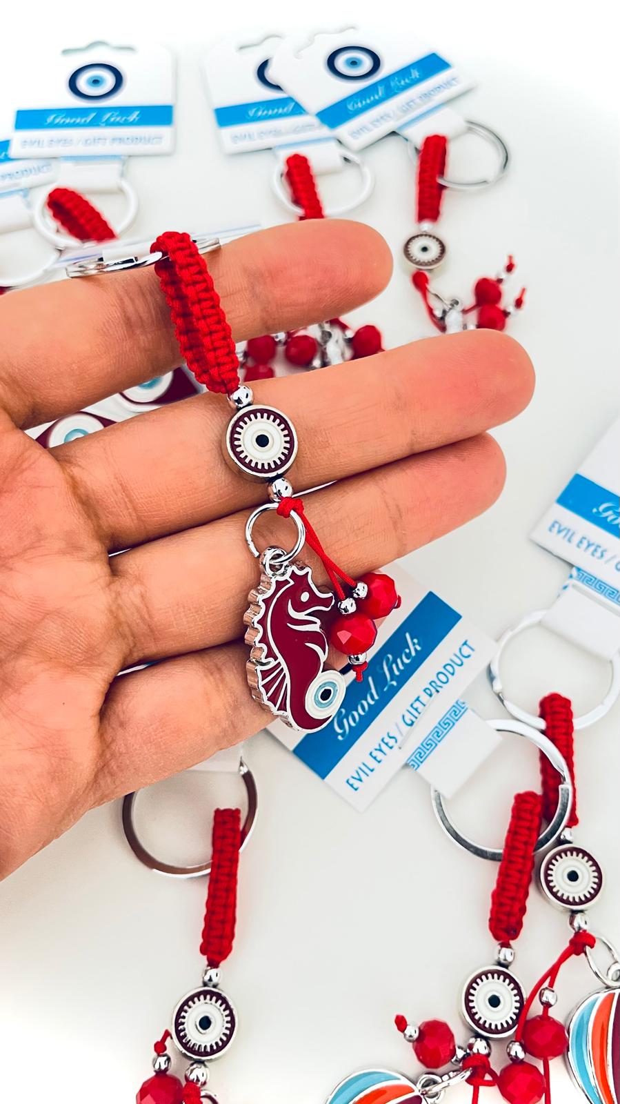 Llavero de Caballito de Mar Plata Rojo Ojo Turco