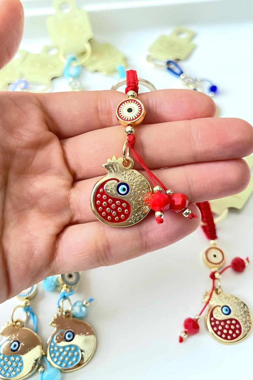Red Pomegranate Abundance Design Gold Evil Eye Keychain