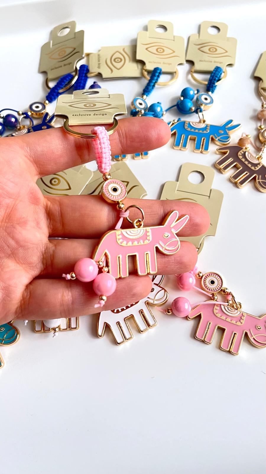 Pink Donkey Design Gold Evil Eye Keychain