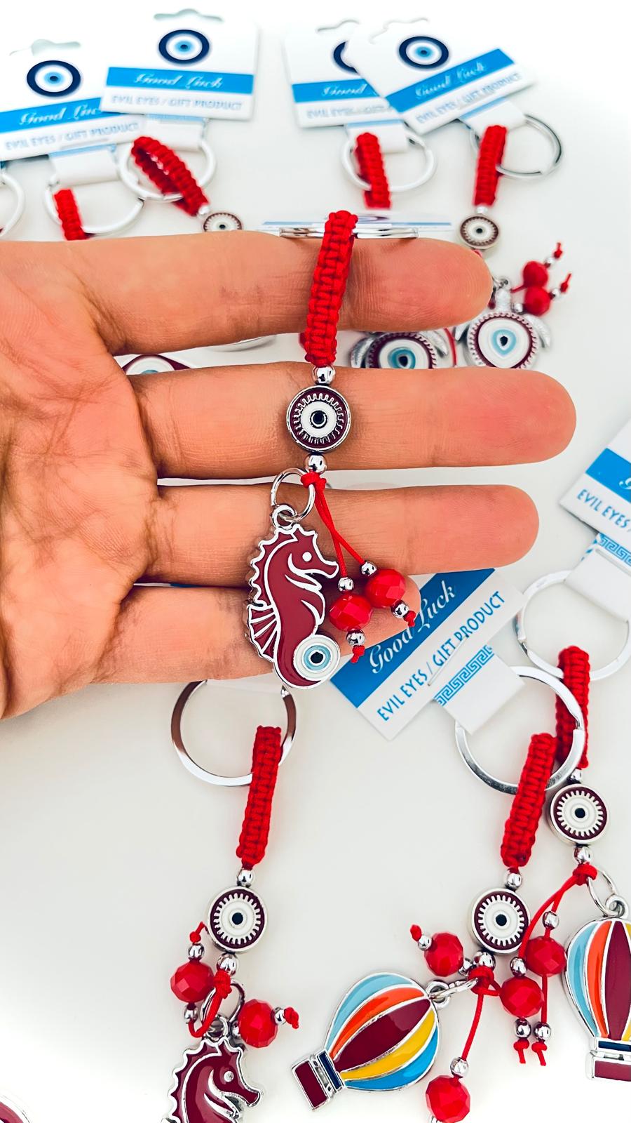 Llavero de Caballito de Mar Plata Rojo Ojo Turco