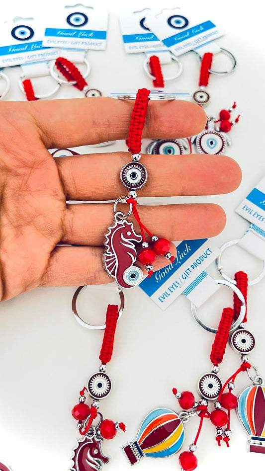 Sea Horse Design Silver Red Evil Eye Keychain