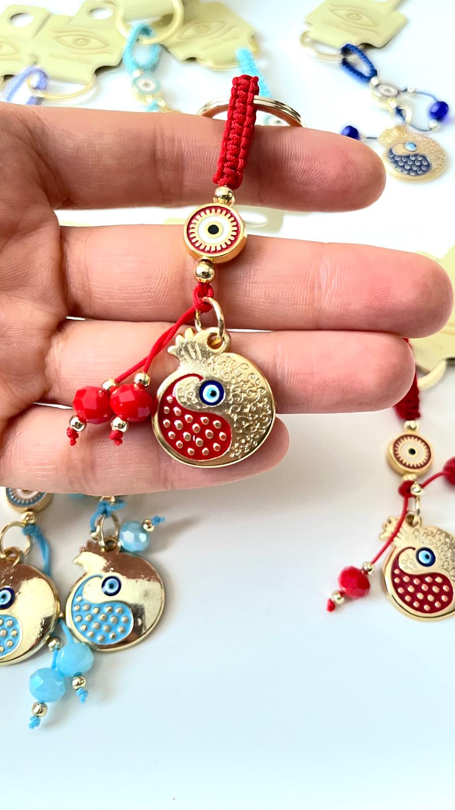 Red Pomegranate Abundance Design Gold Evil Eye Keychain
