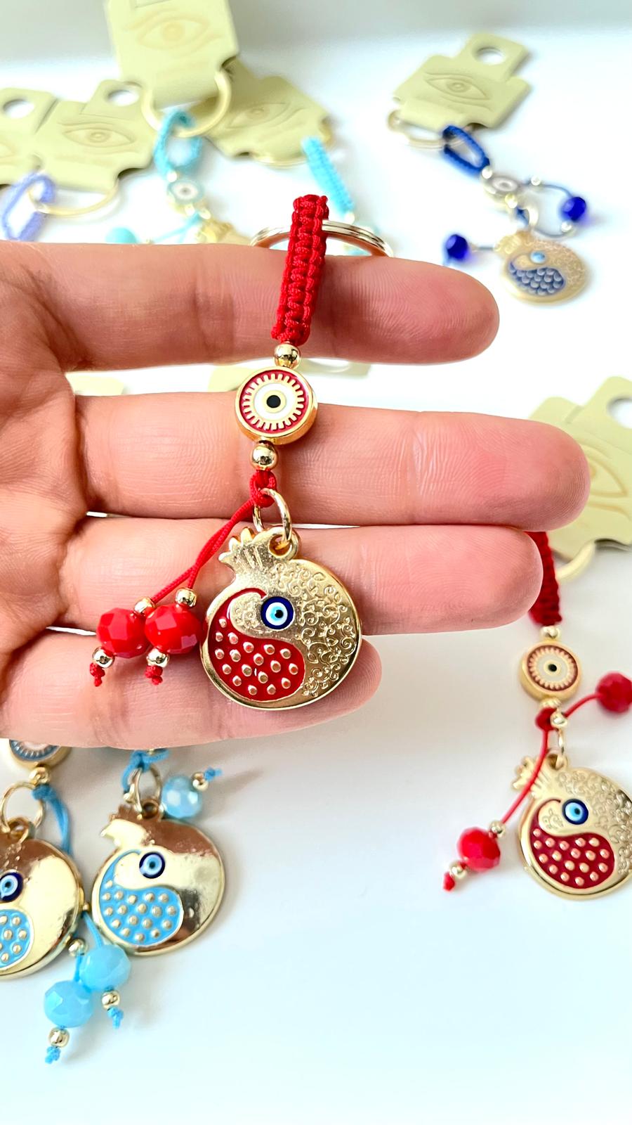 Red Pomegranate Abundance Design Gold Evil Eye Keychain