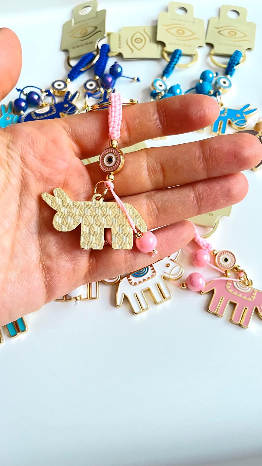 Pink Donkey Design Gold Evil Eye Keychain